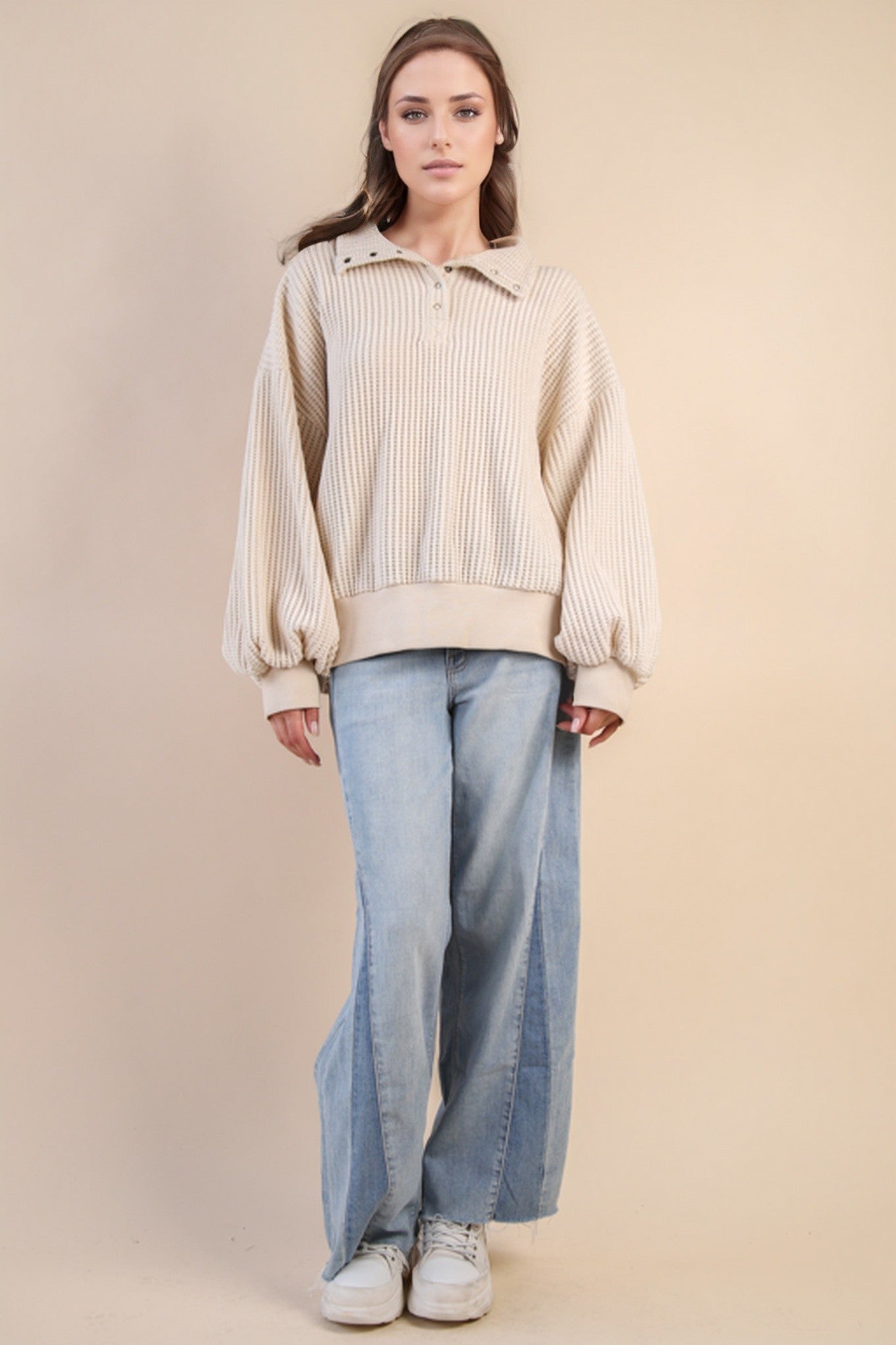Oversized Half Button Down Waffle Knit Top - Cream