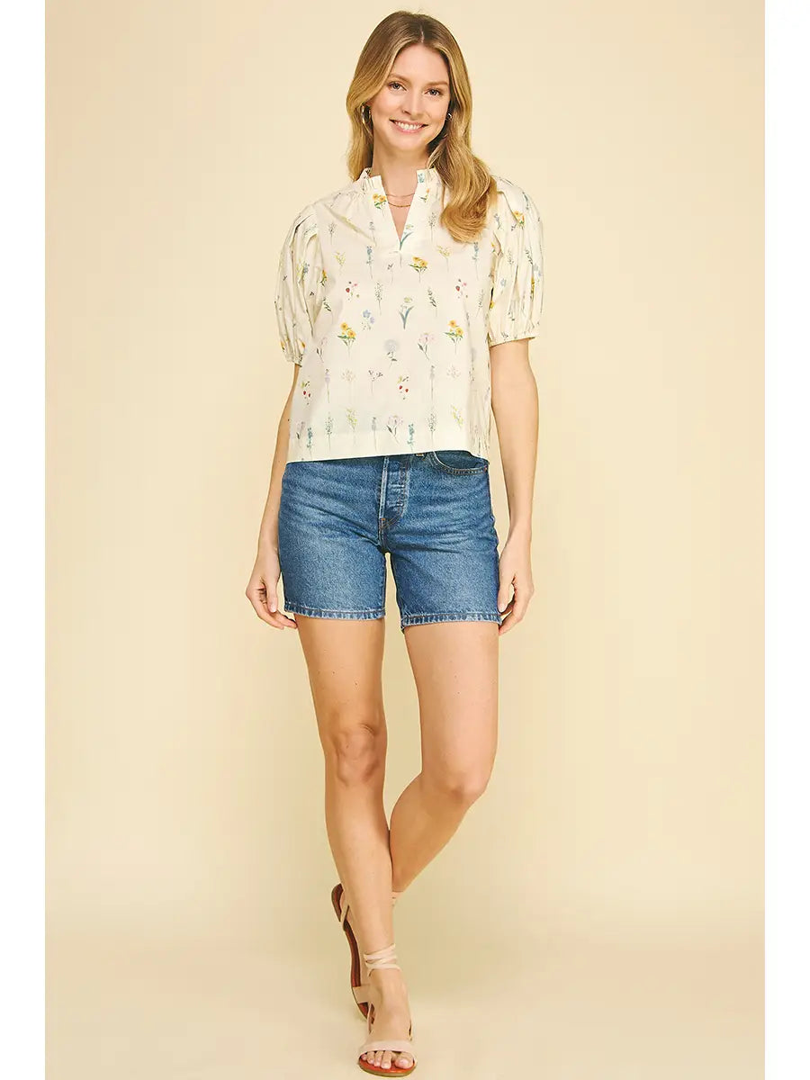Cream Floral Balloon Sleeve Blouse Top