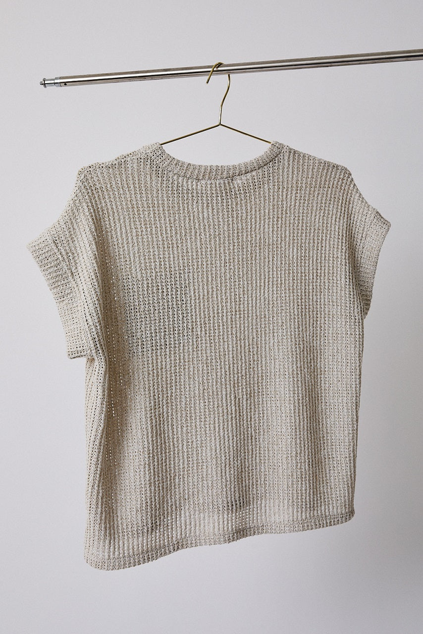 Cuffed Short Sleeve Knit Top with Pocket - Natural