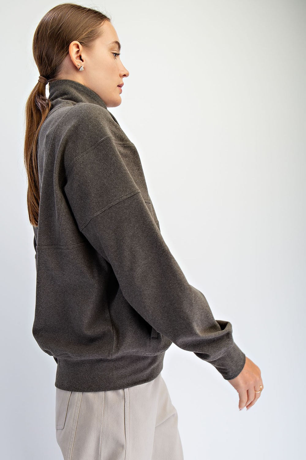 Brushed Rib Quarter Zip Pullover - Olive