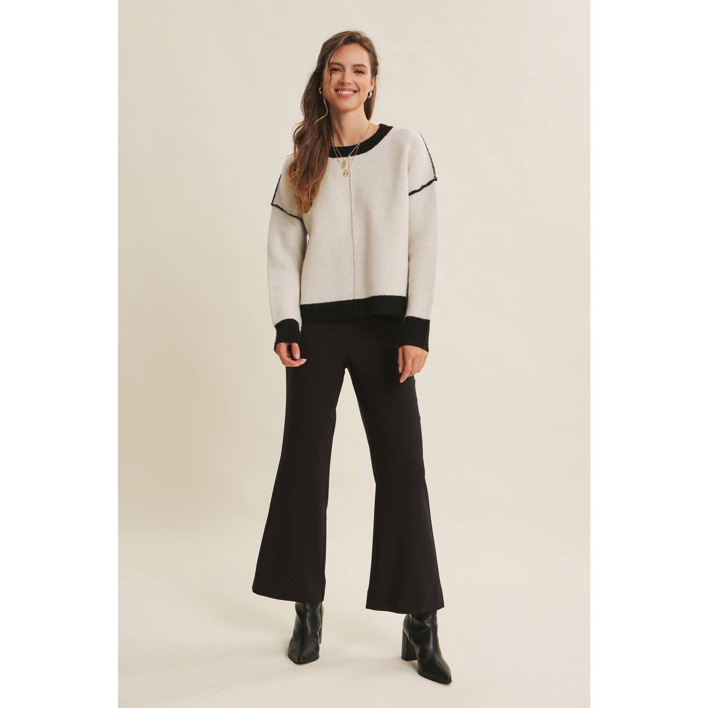 Soft Round Neck and Contrast Detail Sweater - Cream/Black