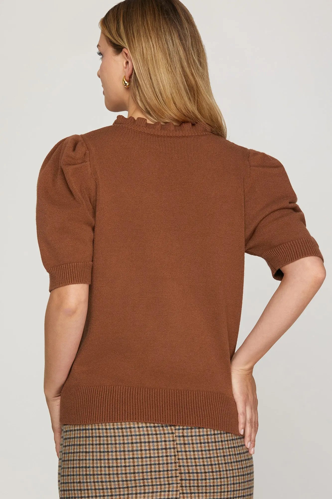 Short Puff Sleeve Ruffled Neck Sweater - Cinnamon