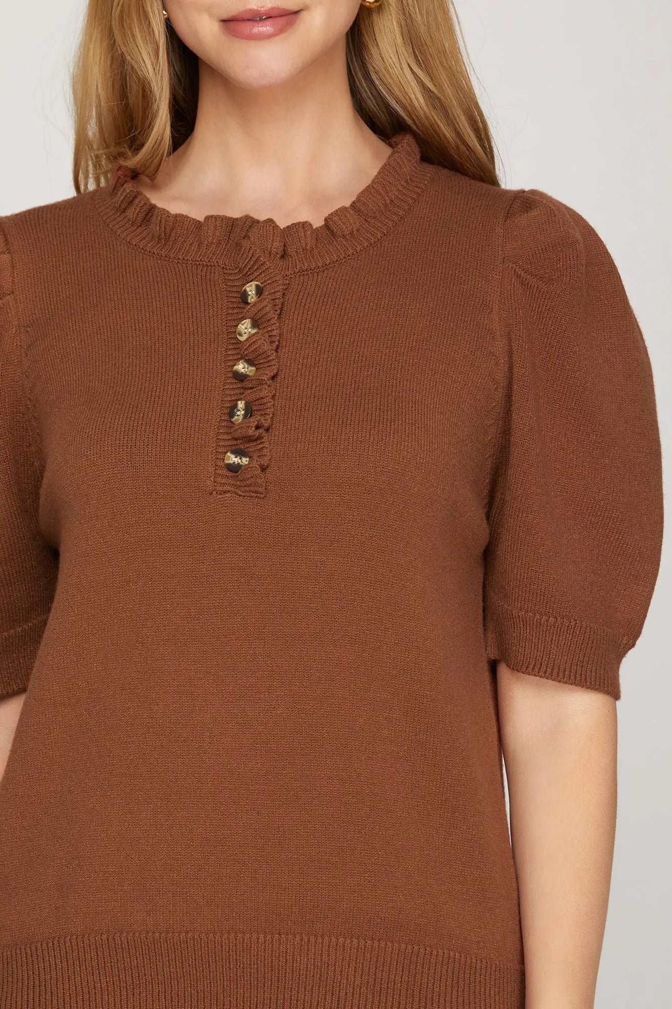 Short Puff Sleeve Ruffled Neck Sweater - Cinnamon