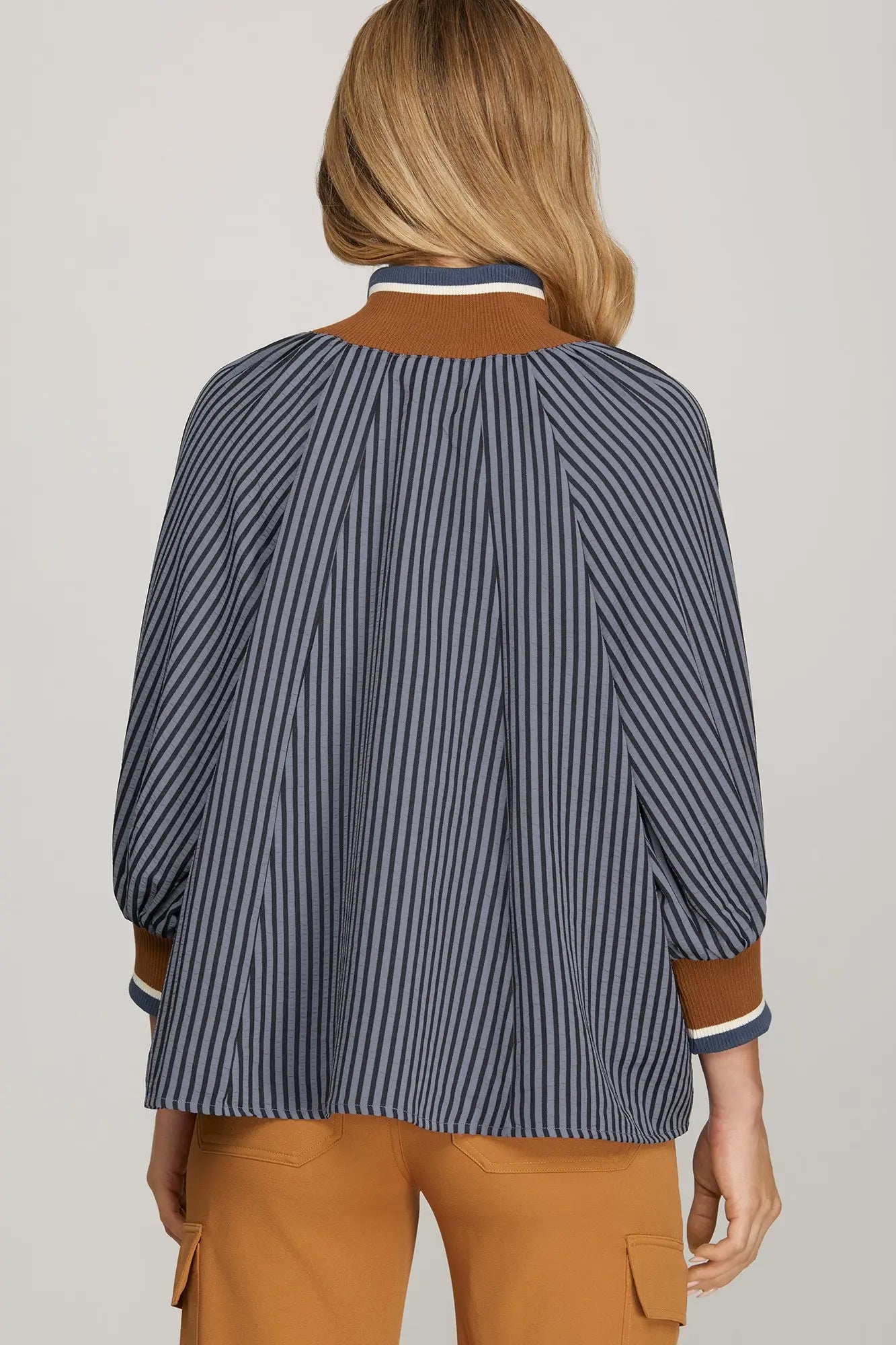 Navy 3/4 Sleeve Half Zip Striped Top