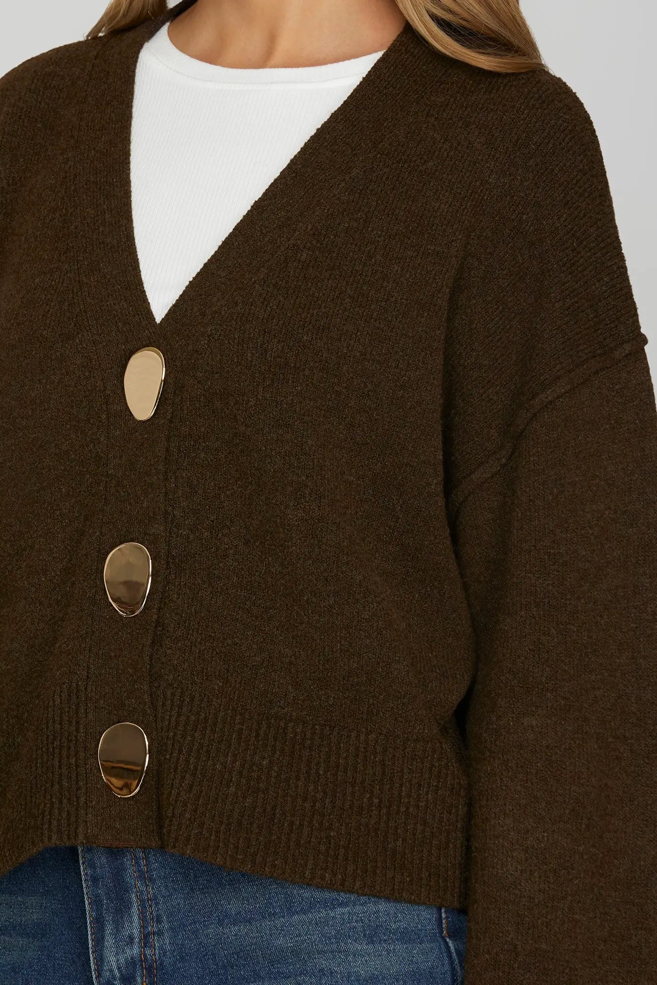 Brown Chunky Gold Button Knit Cardigan