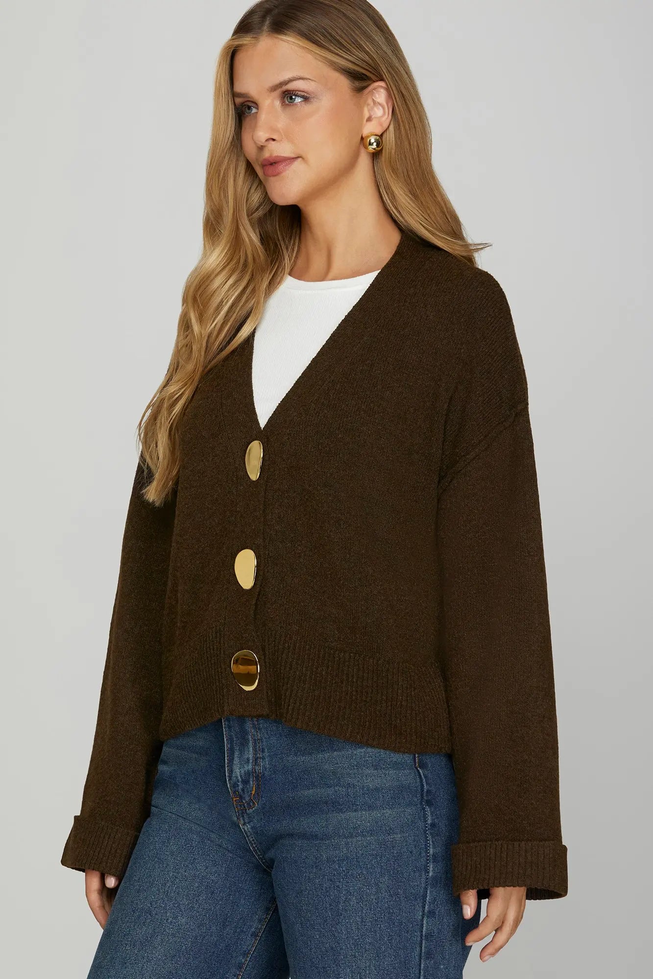 Brown Chunky Gold Button Knit Cardigan