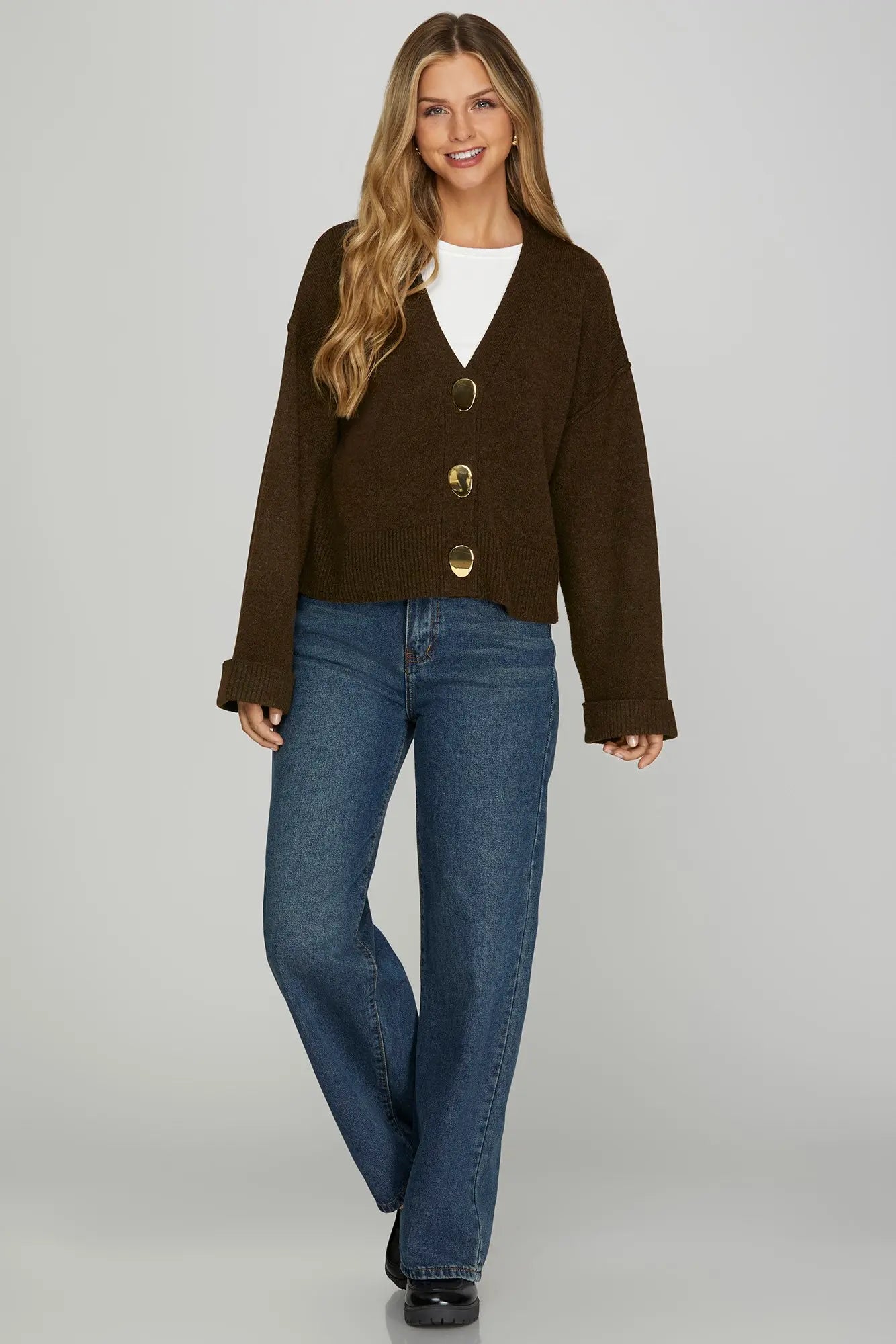 Brown Chunky Gold Button Knit Cardigan