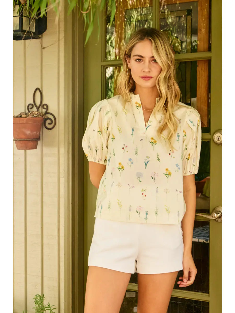 Cream Floral Balloon Sleeve Blouse Top