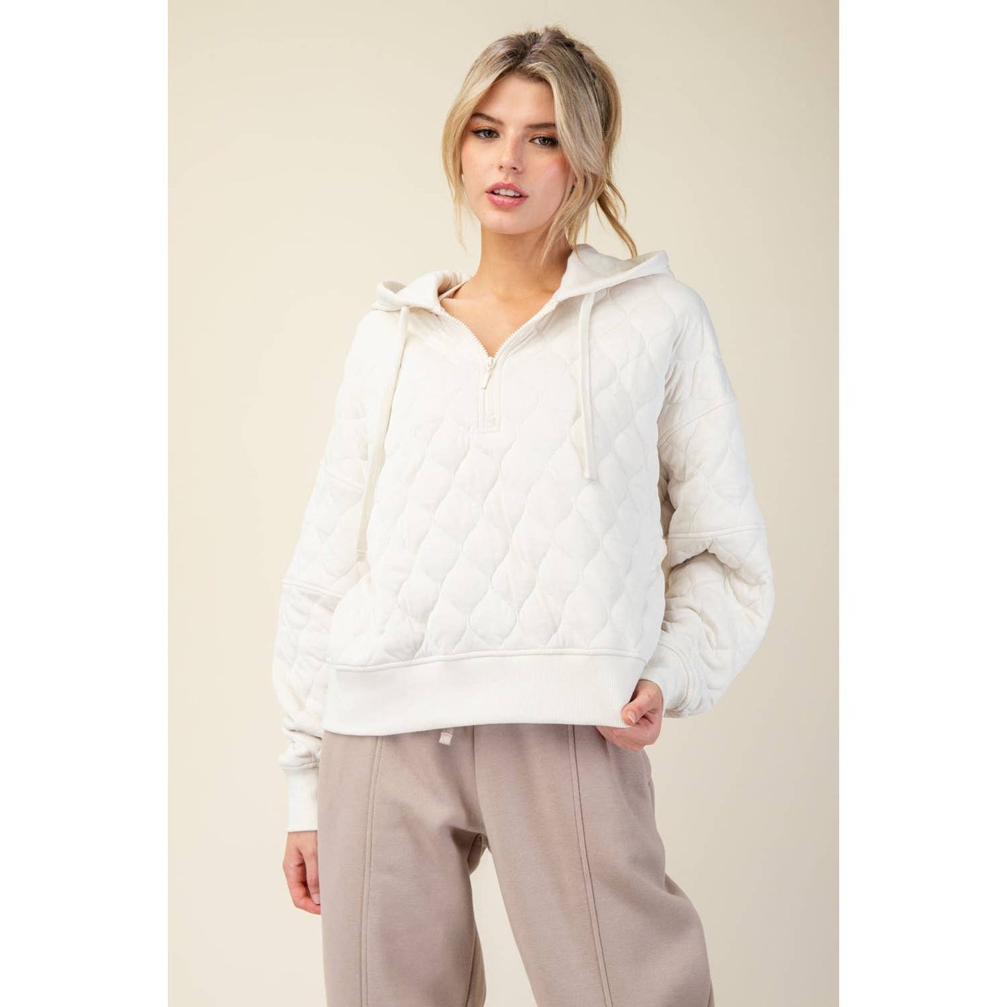 Quilted Quarter Zip Hoodie - Bone