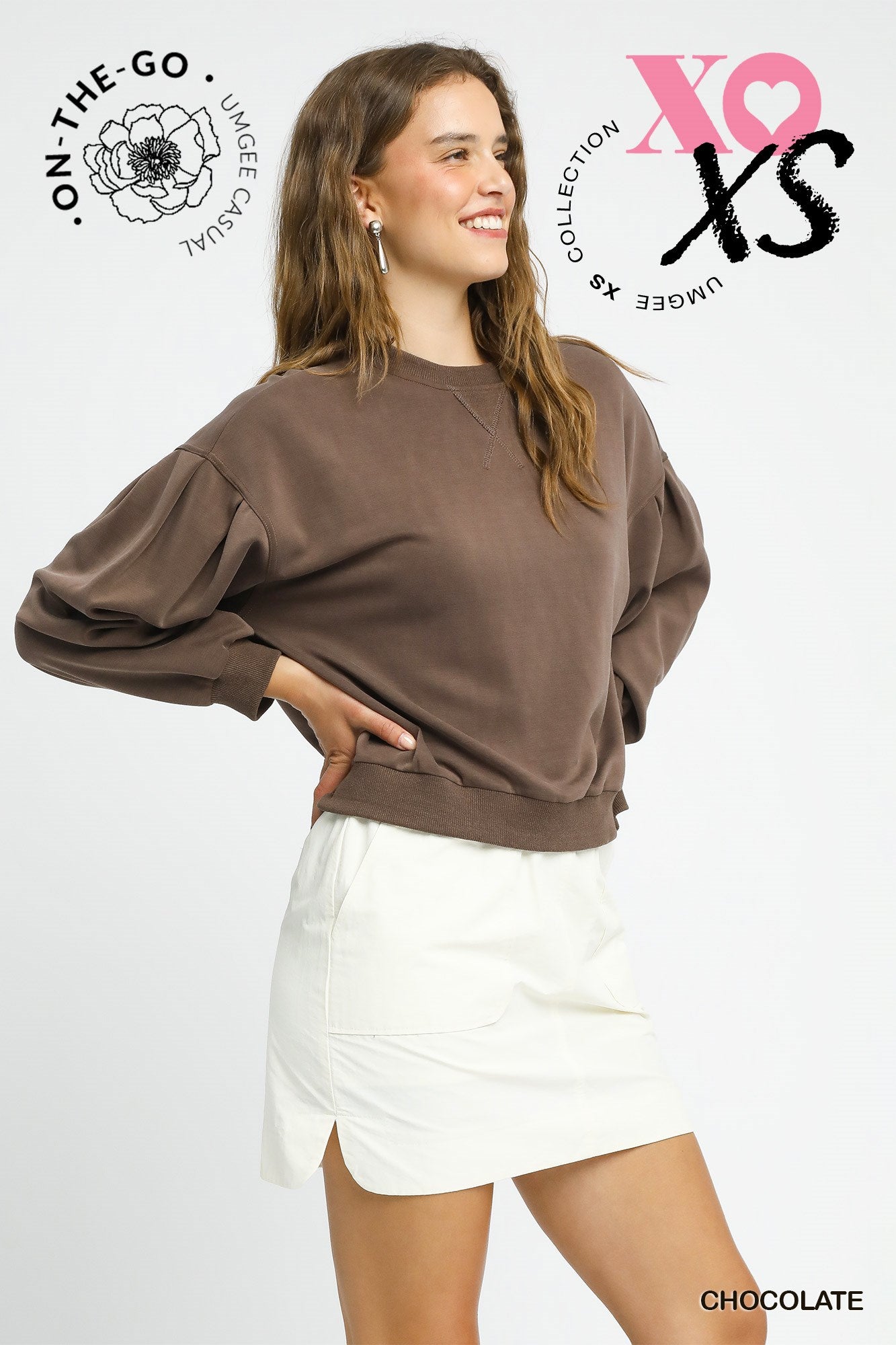 Cupro Long Sleeve Crew Neck Top - Chocolate