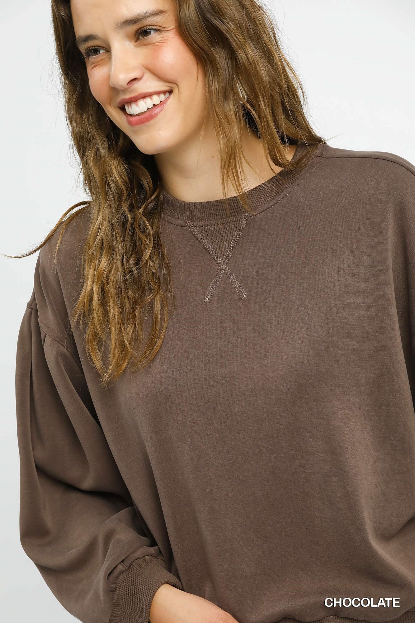 Cupro Long Sleeve Crew Neck Top - Chocolate