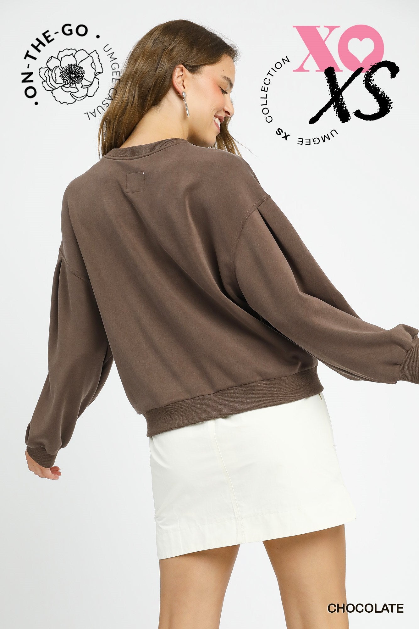 Cupro Long Sleeve Crew Neck Top - Chocolate