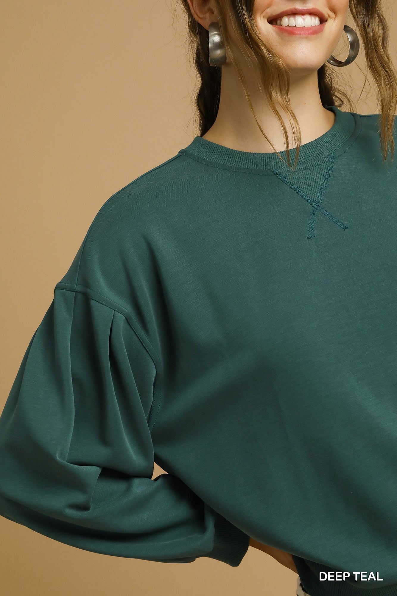 Cupro Long Sleeve Crew Neck Top - Deep Teal