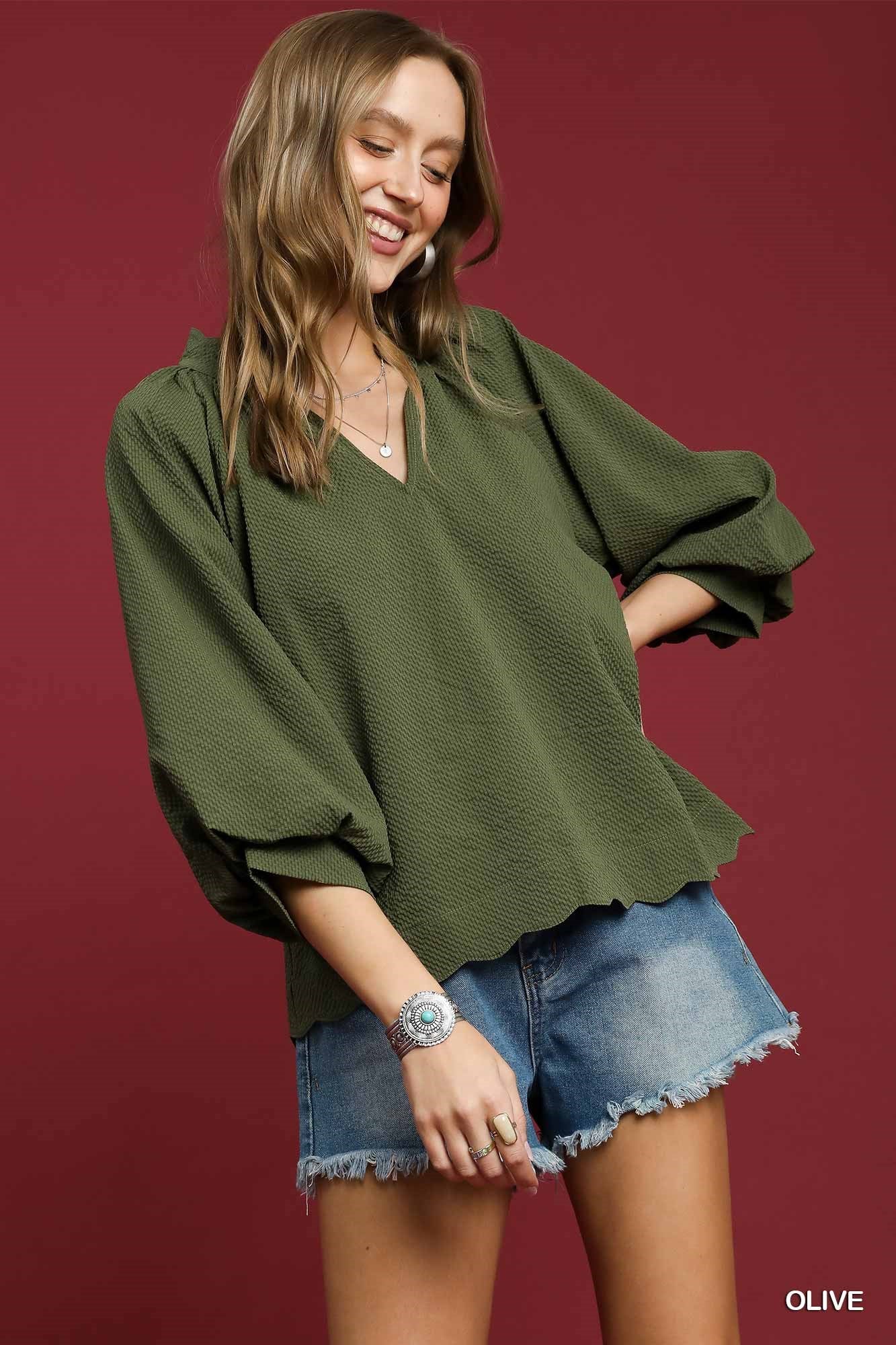 Split V Neck Top with Balloon Sleeves - Olive