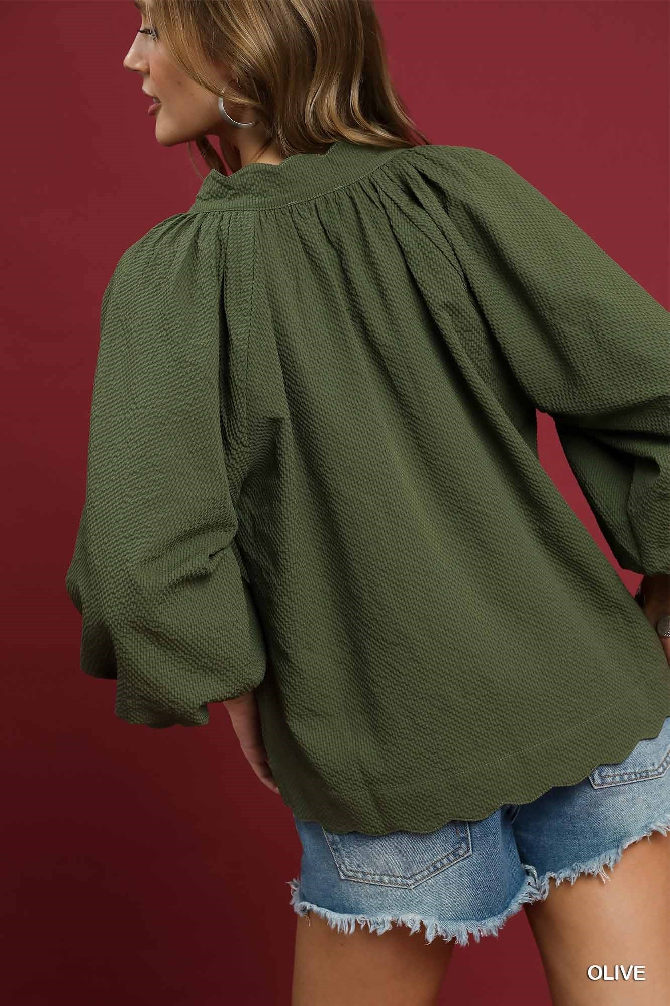 Split V Neck Top with Balloon Sleeves - Olive