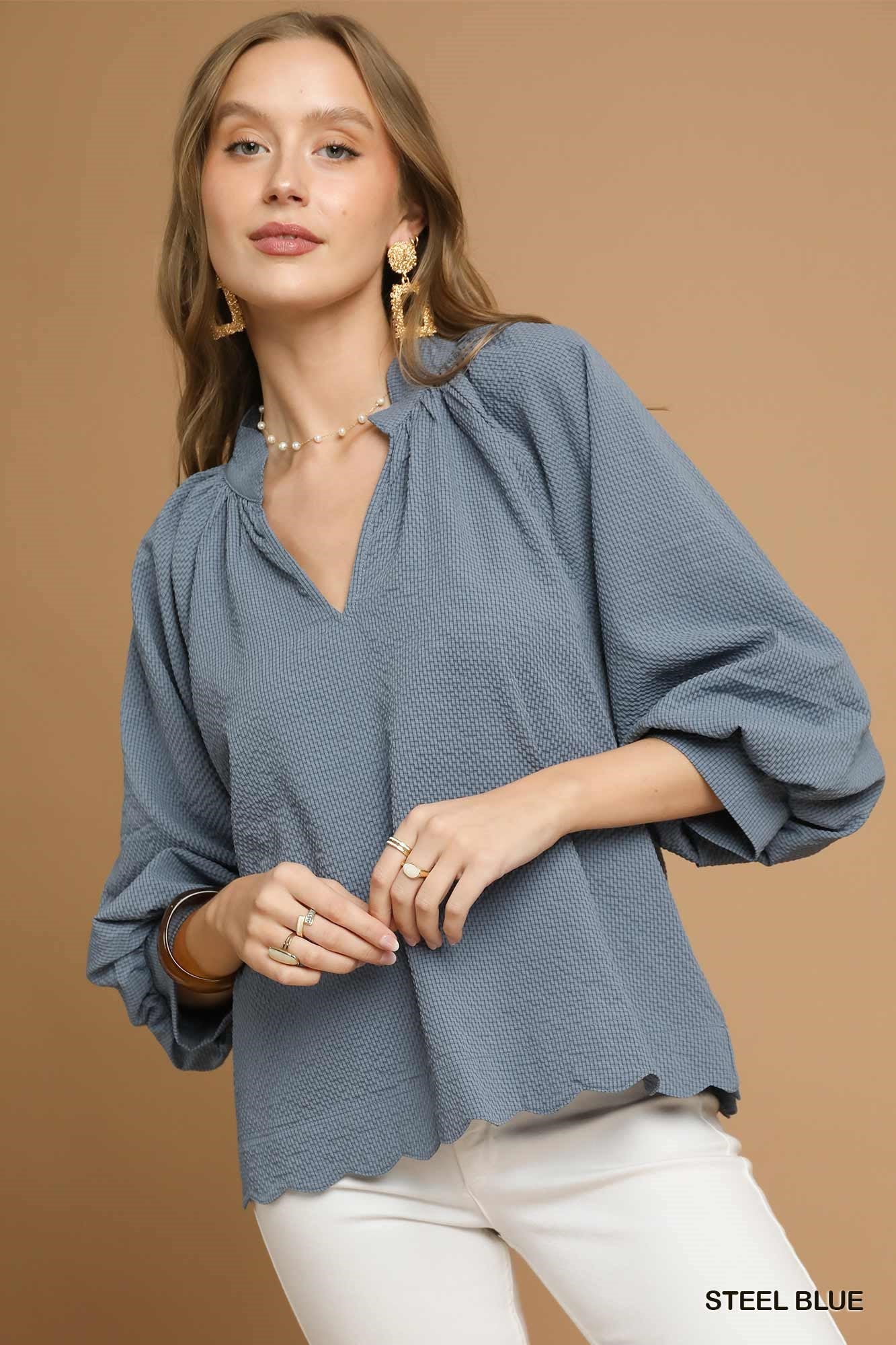 Split V Neck Top with Balloon Sleeves - Steel Blue