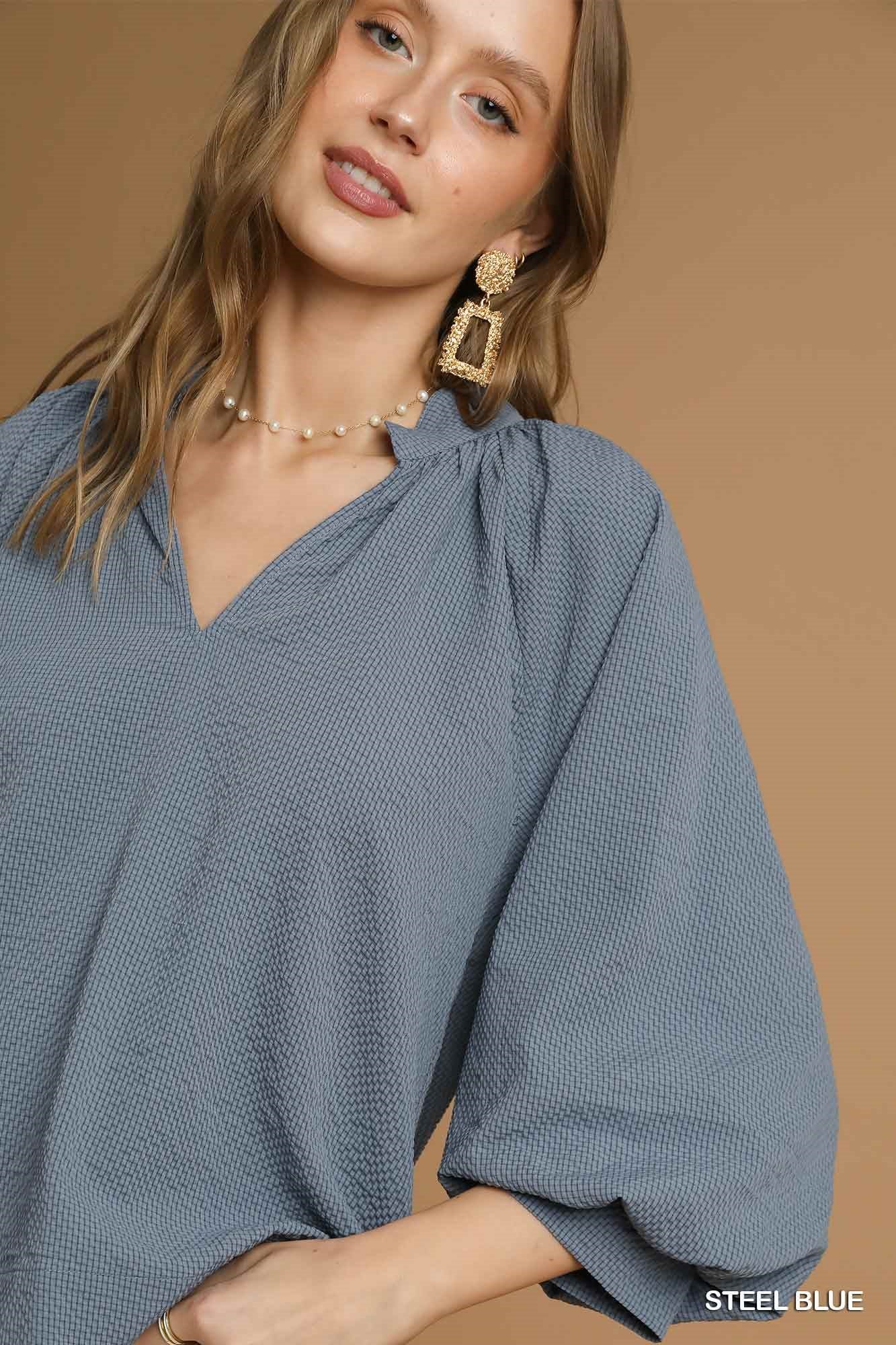 Split V Neck Top with Balloon Sleeves - Steel Blue