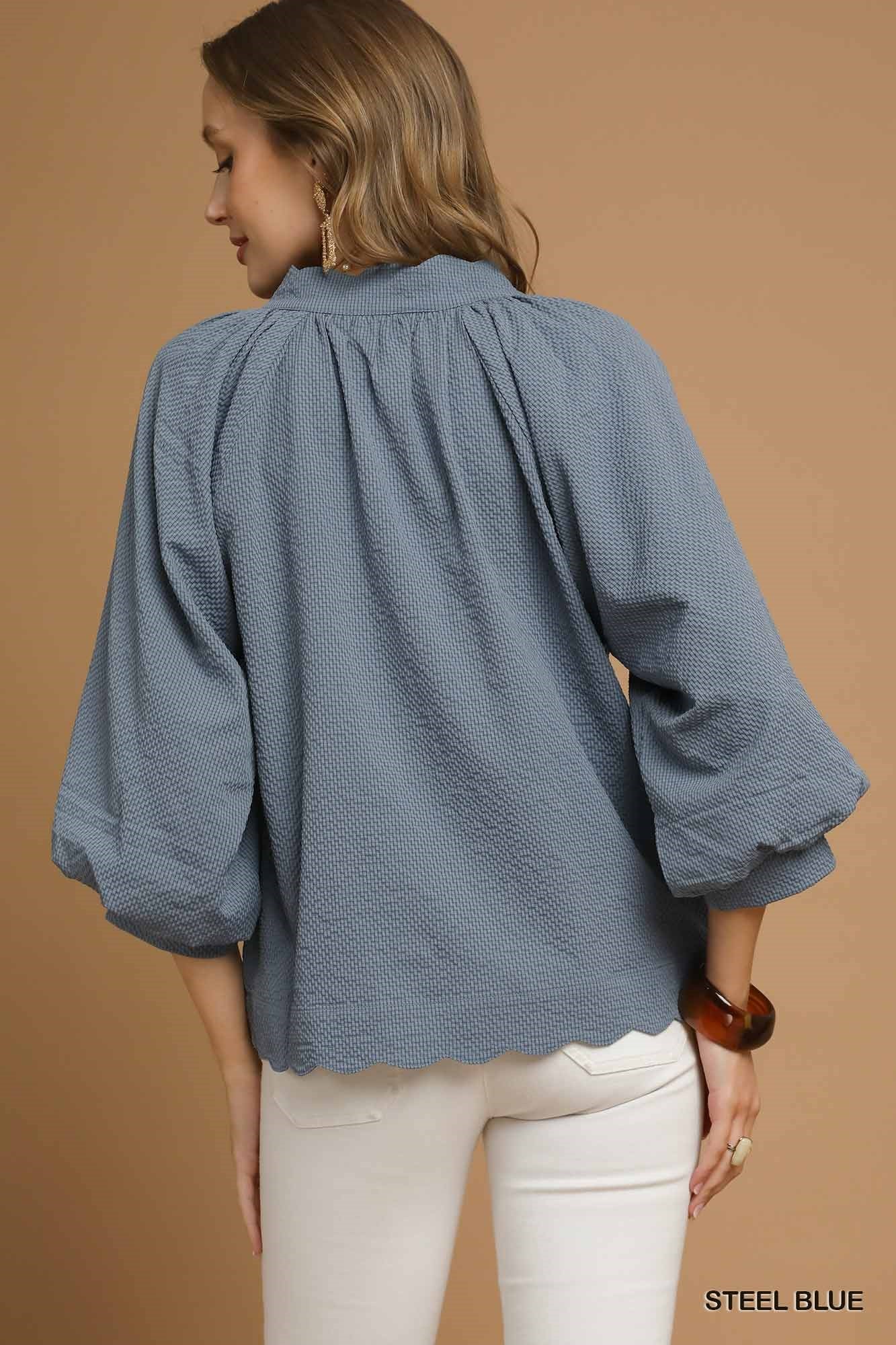 Split V Neck Top with Balloon Sleeves - Steel Blue