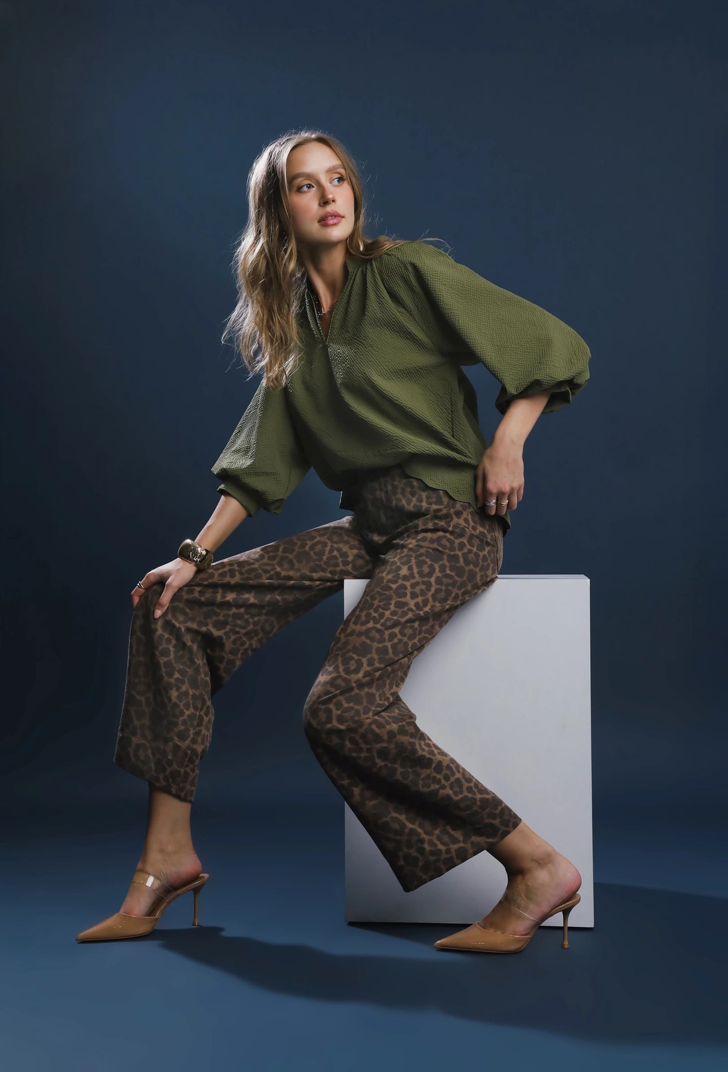 Split V Neck Top with Balloon Sleeves - Olive