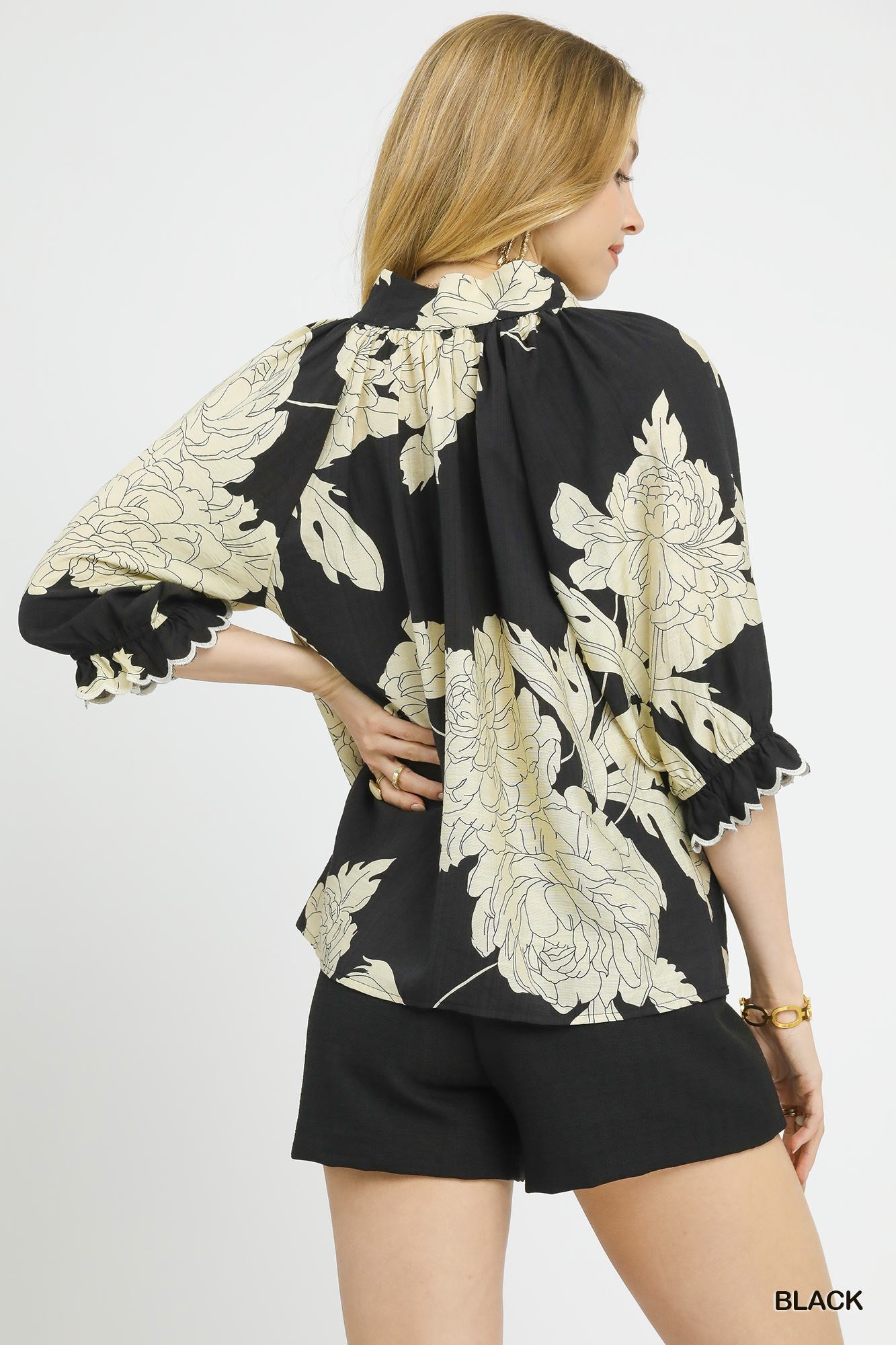 Peony Print High Neck Top - Black