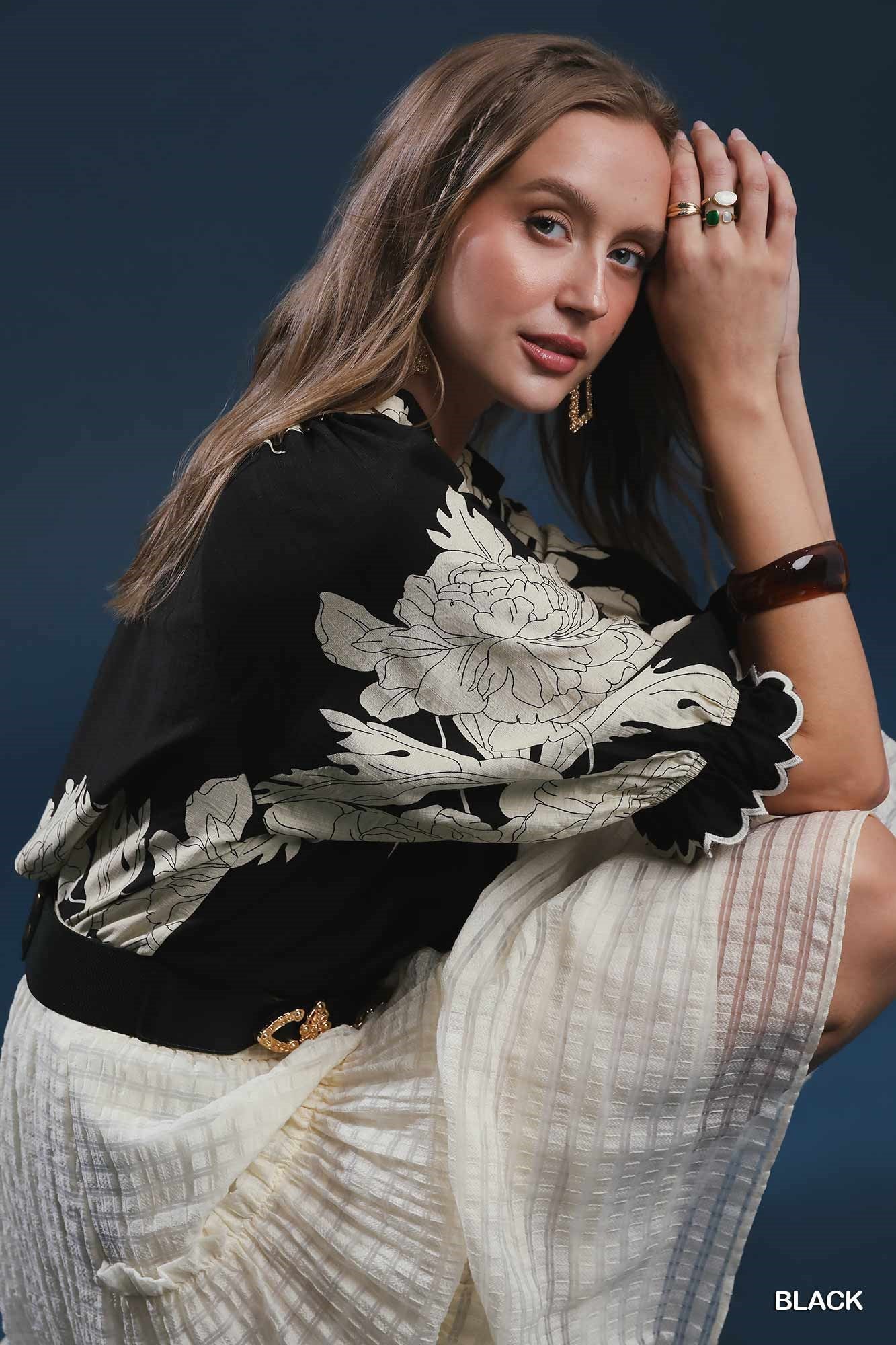 Peony Print High Neck Top - Black