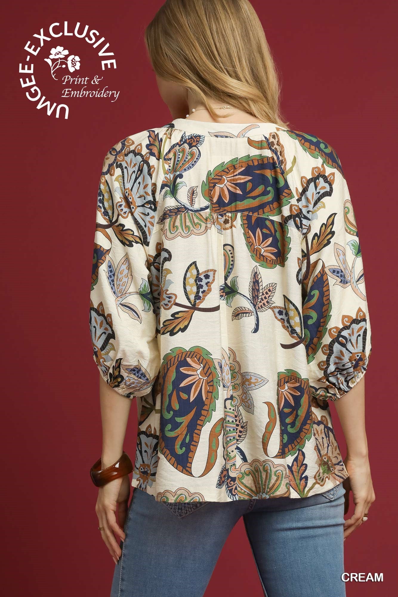 Cream Boho Paisley Puff Sleeve Blouse