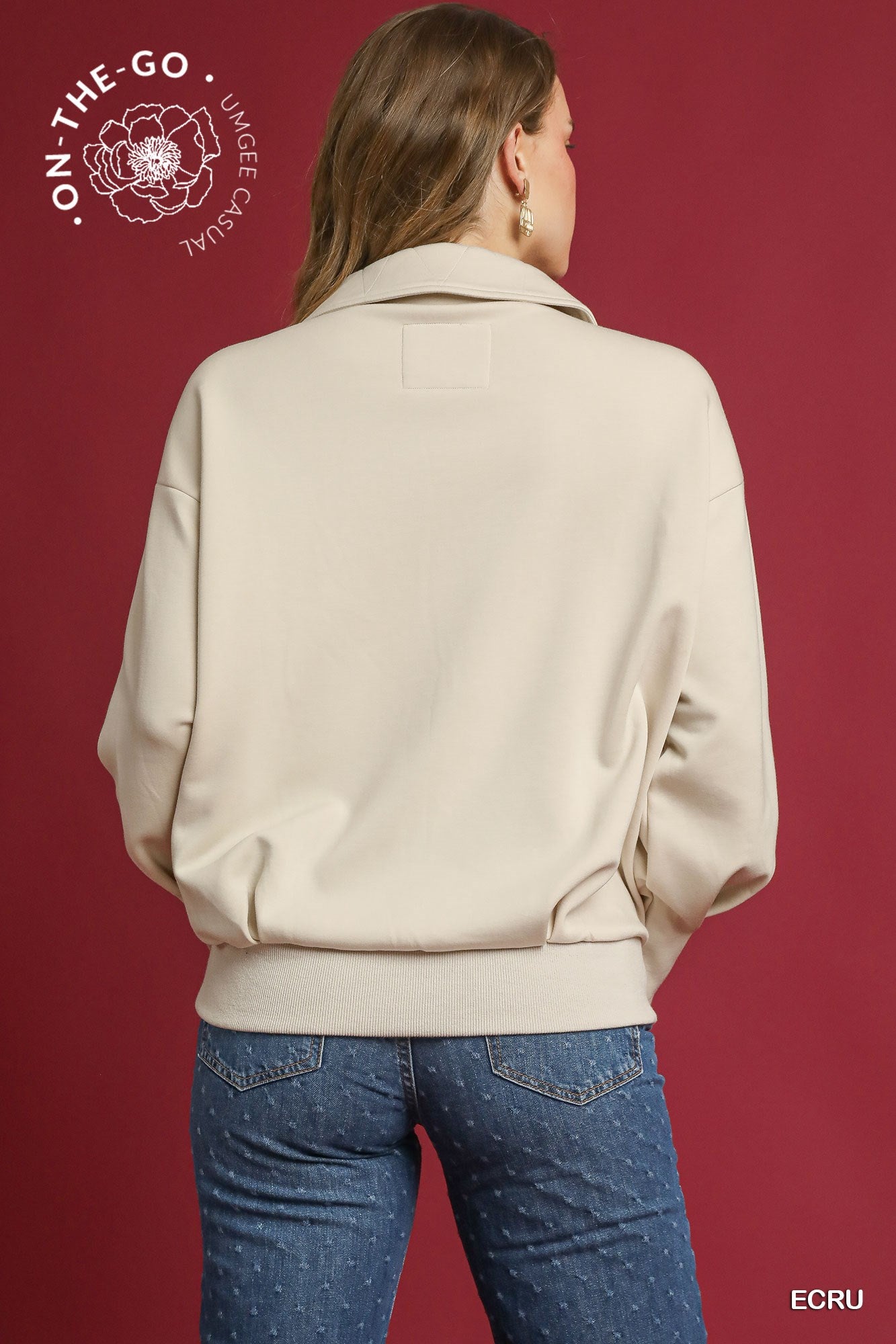 Pullover with Collar and Ribbed Hem - Ecru