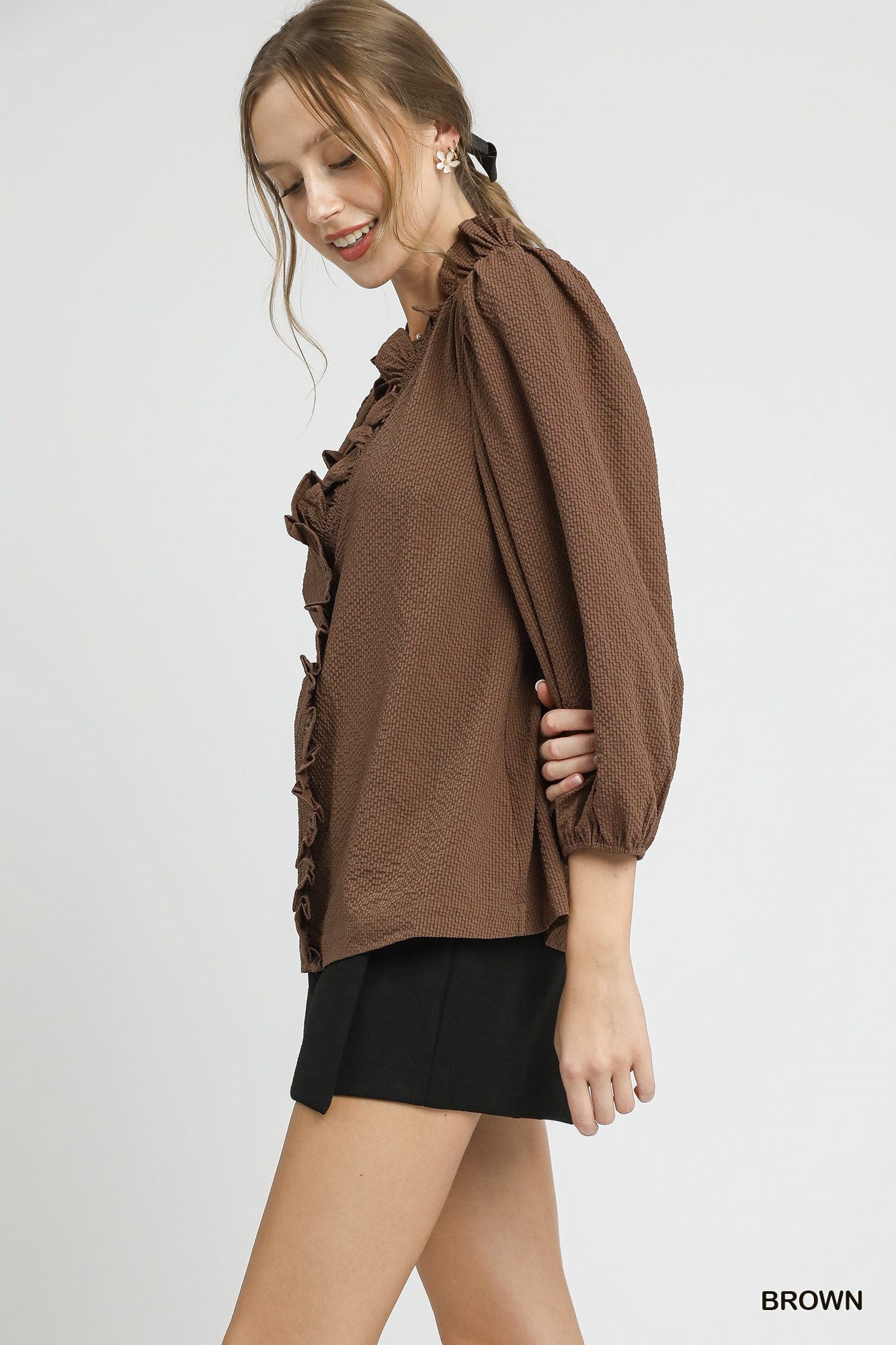 Textured Ruffle Trim Blouse with 3/4 Sleeves - Brown