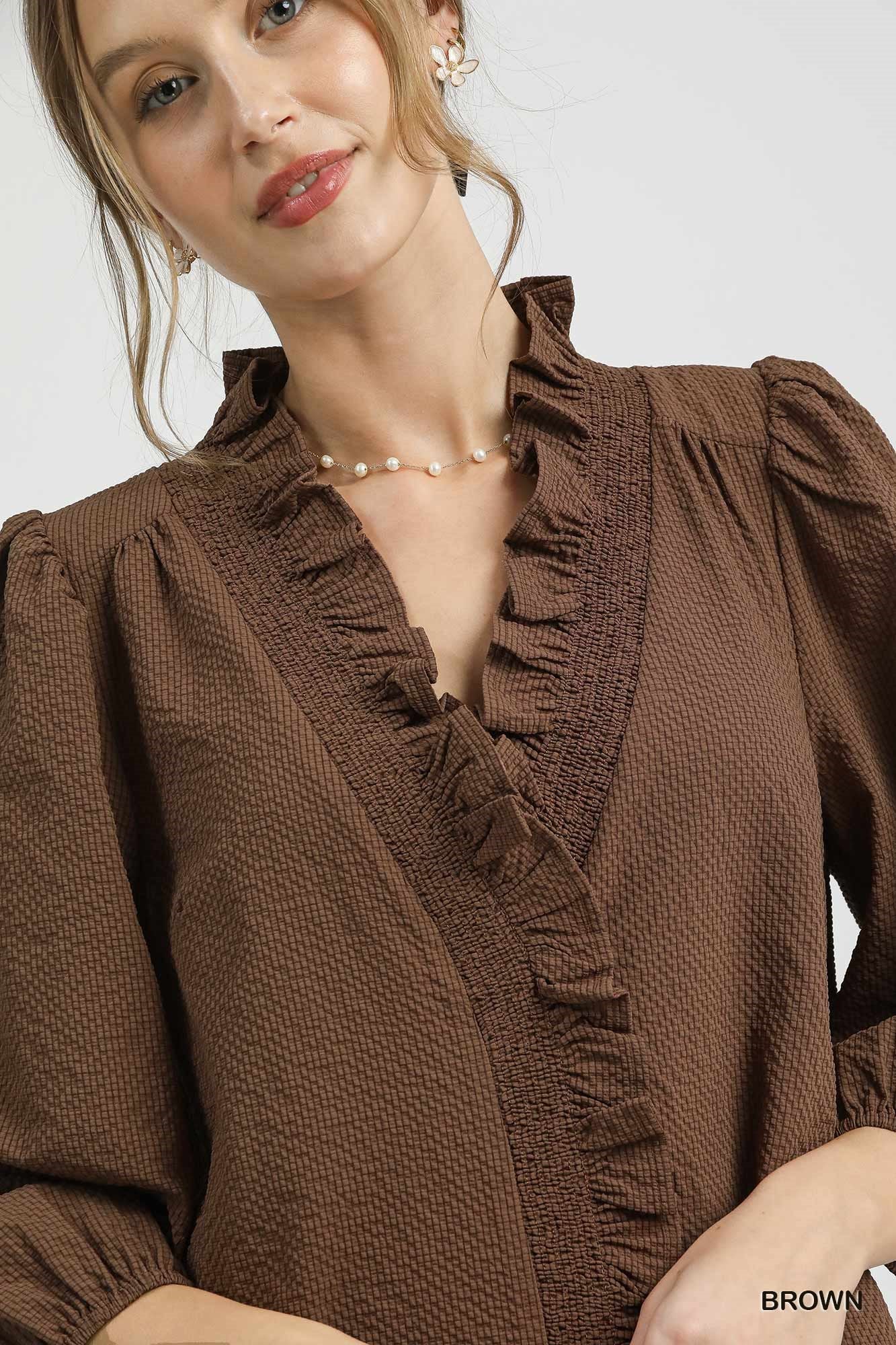 Textured Ruffle Trim Blouse with 3/4 Sleeves - Brown