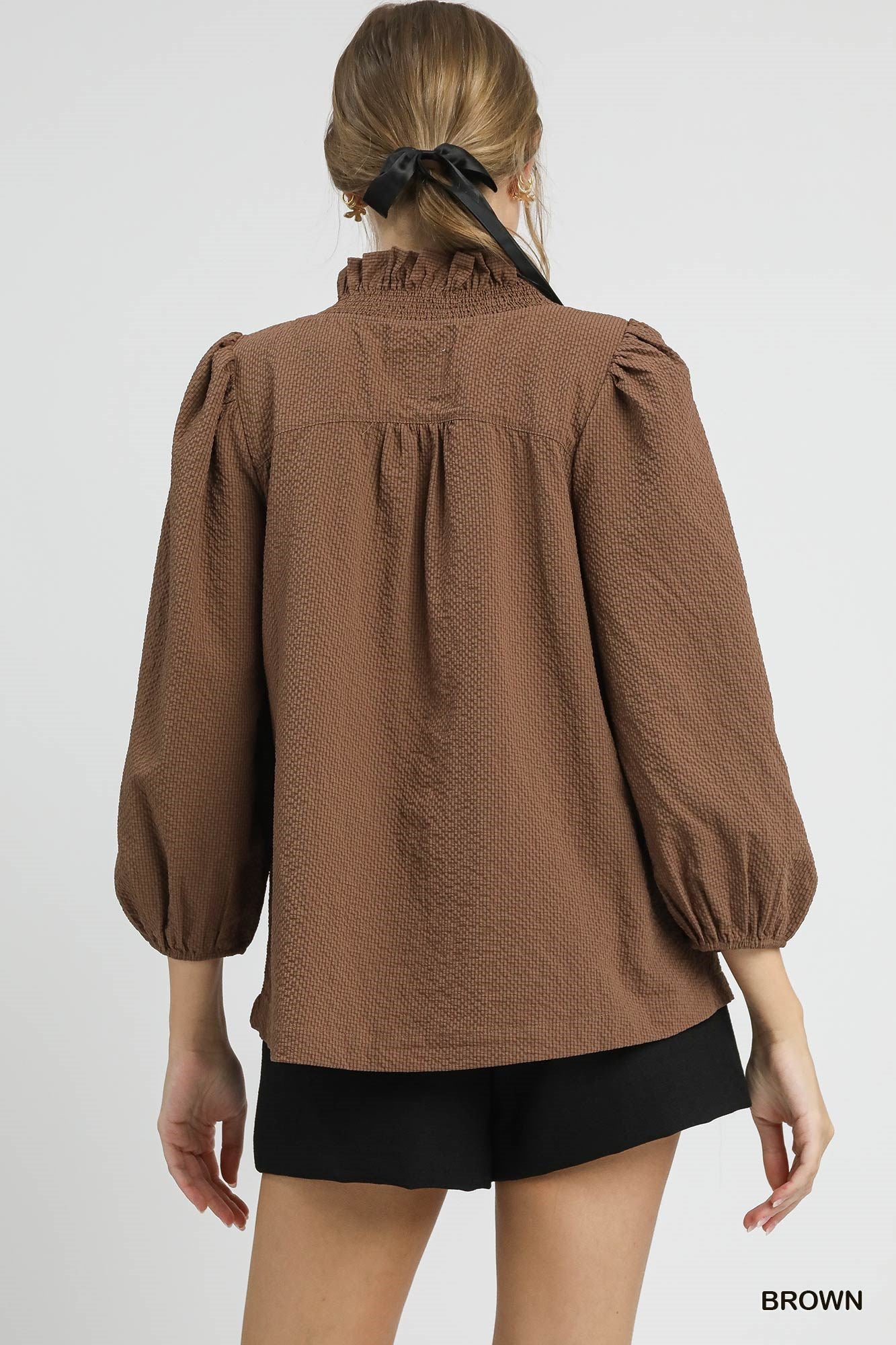 Textured Ruffle Trim Blouse with 3/4 Sleeves - Brown