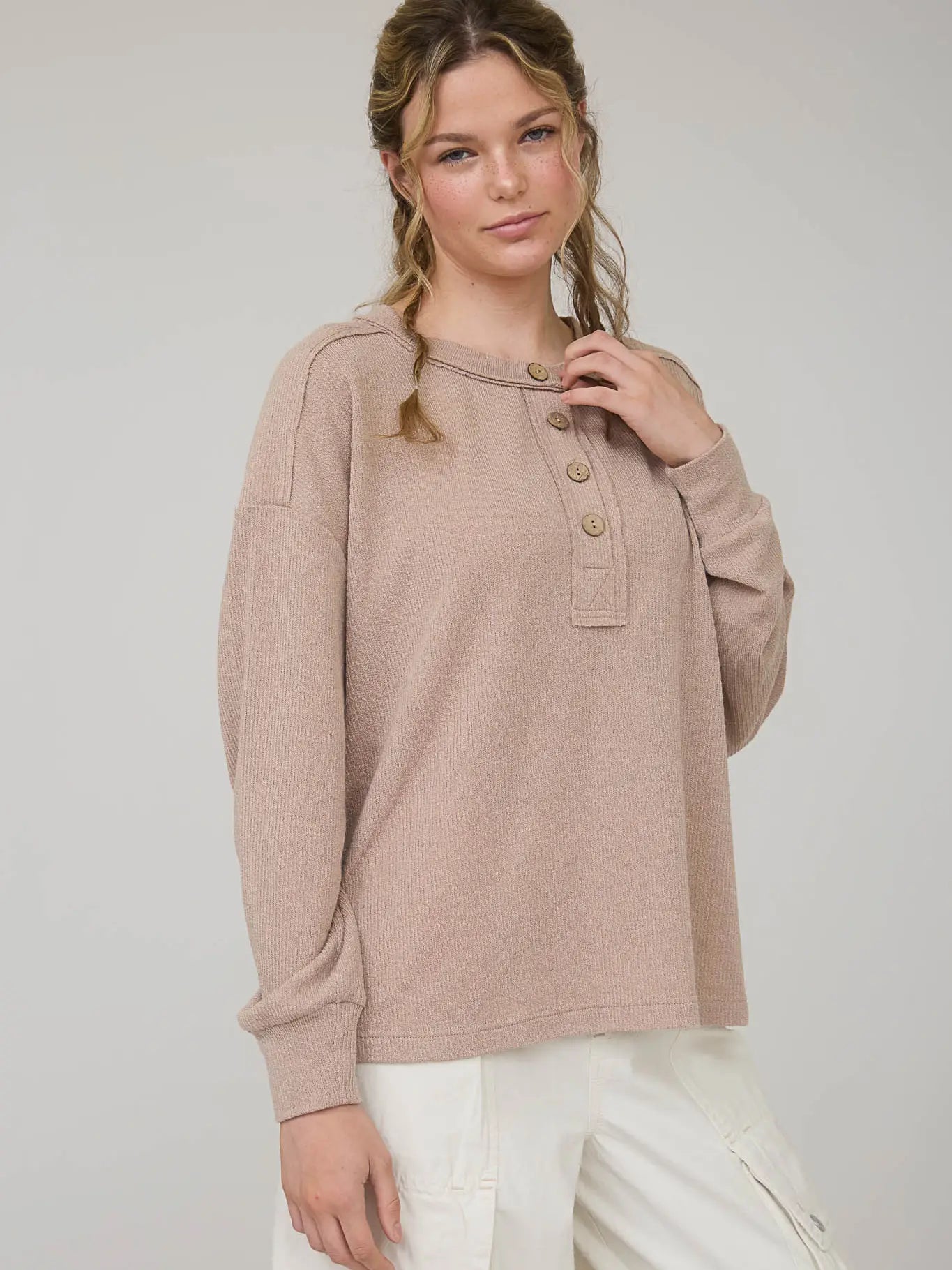 Ribbed Henley Long Sleeve - Khaki