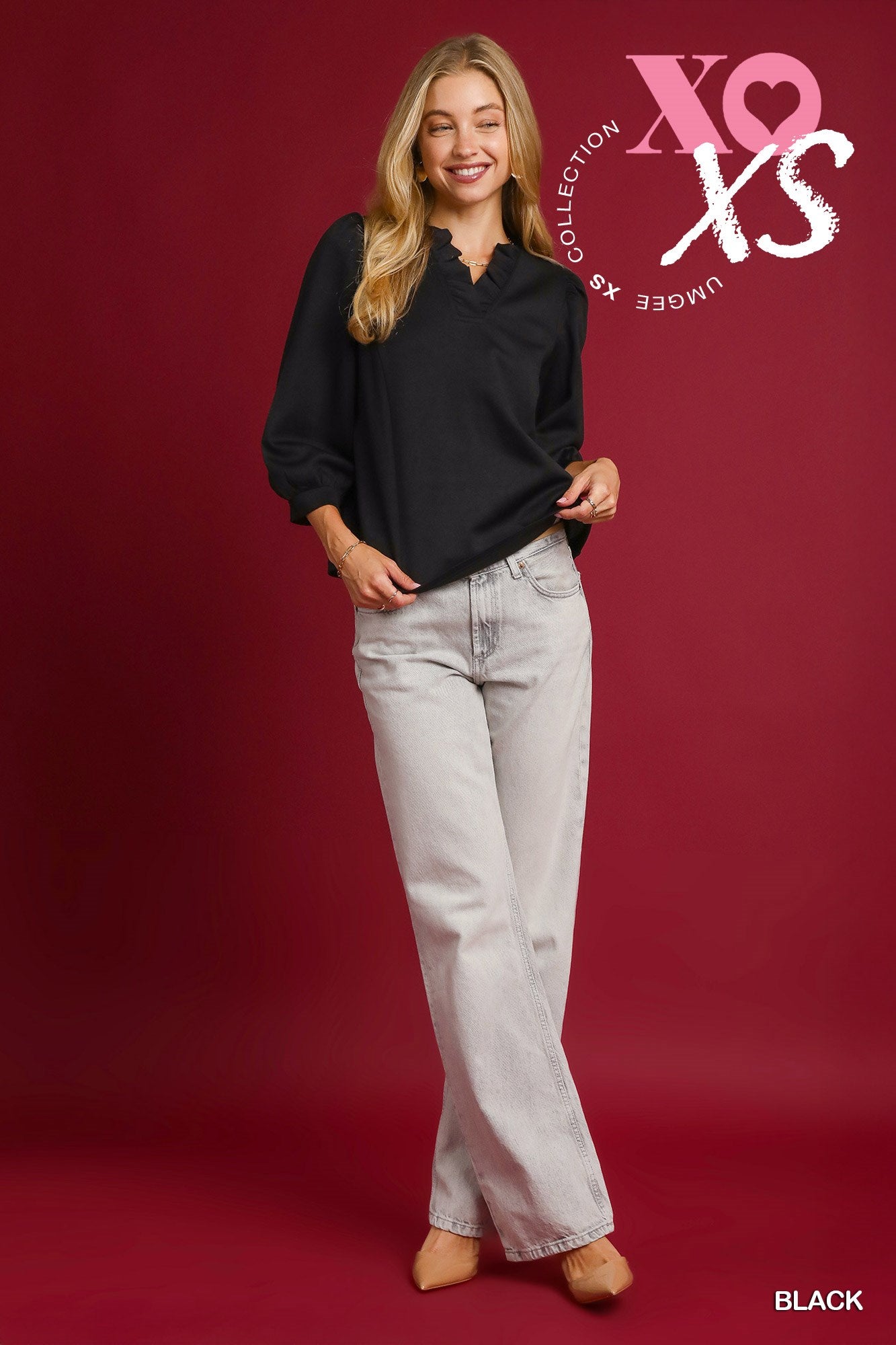Luxeknit Ruffle Neck Blouse with Puff Sleeves - Black
