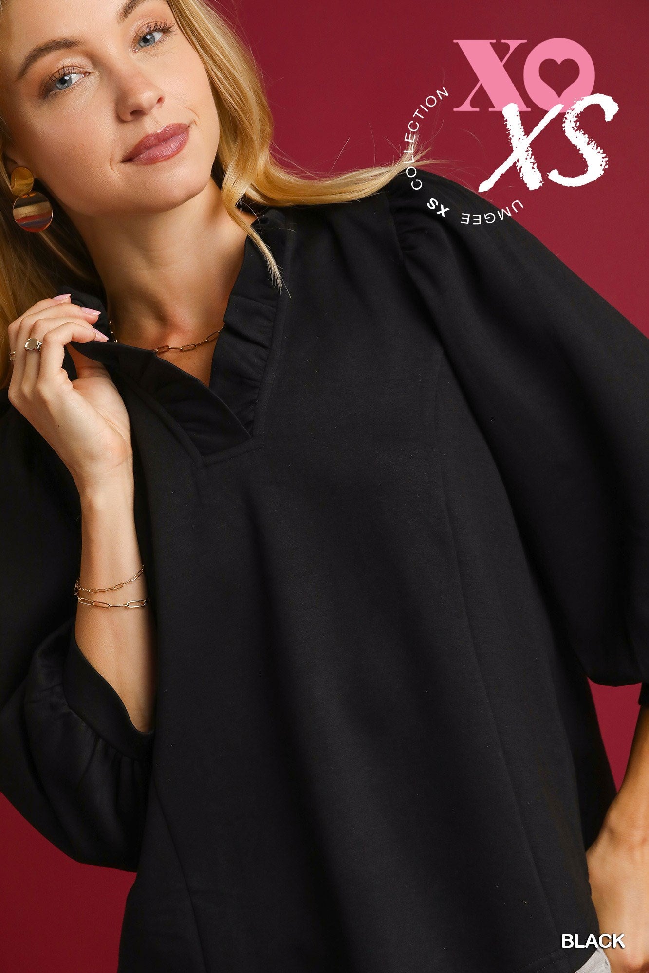 Luxeknit Ruffle Neck Blouse with Puff Sleeves - Black