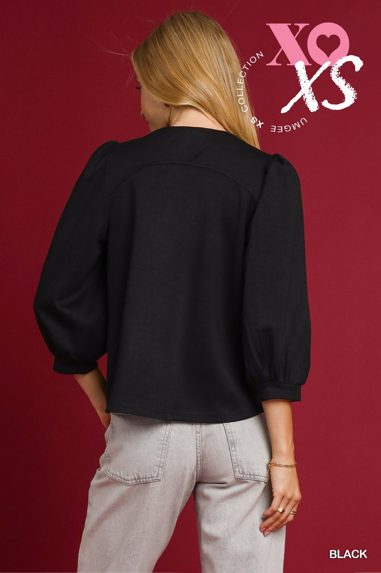 Luxeknit Ruffle Neck Blouse with Puff Sleeves - Black