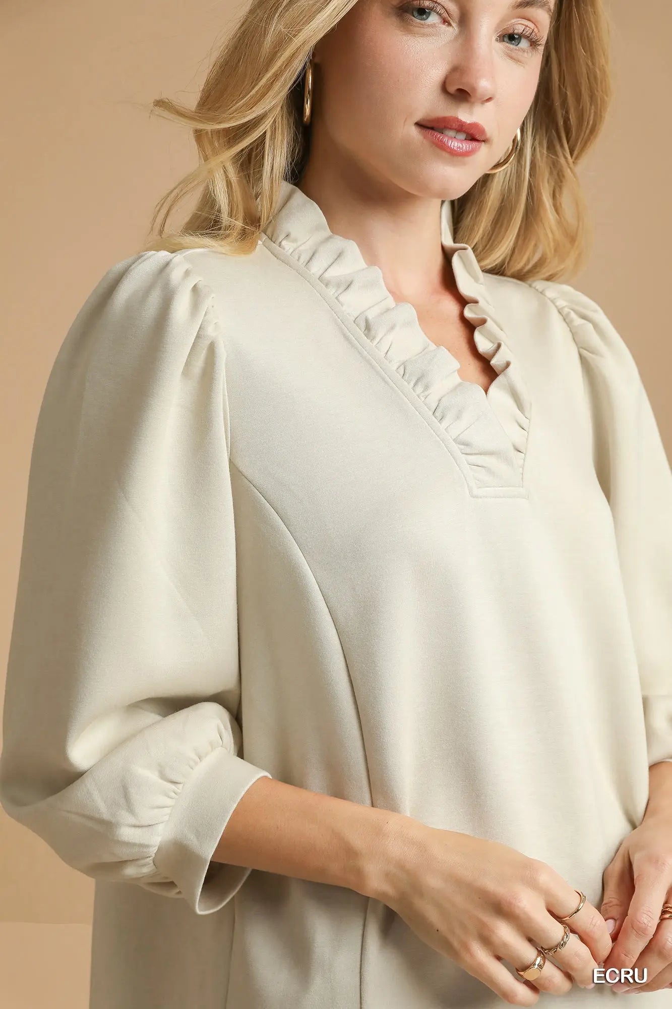Luxeknit Ruffle Neck Puff Sleeve Blouse - Ecru