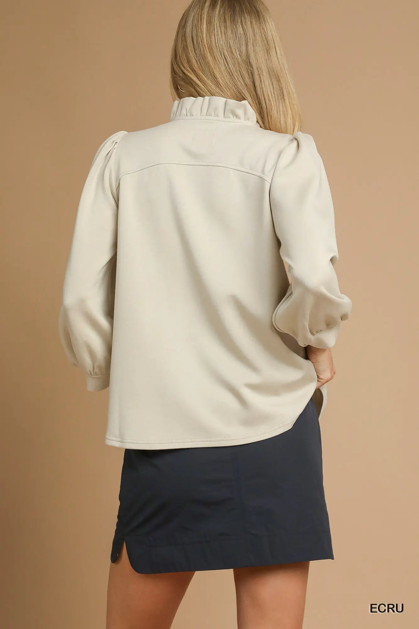 Luxeknit Ruffle Neck Puff Sleeve Blouse - Ecru