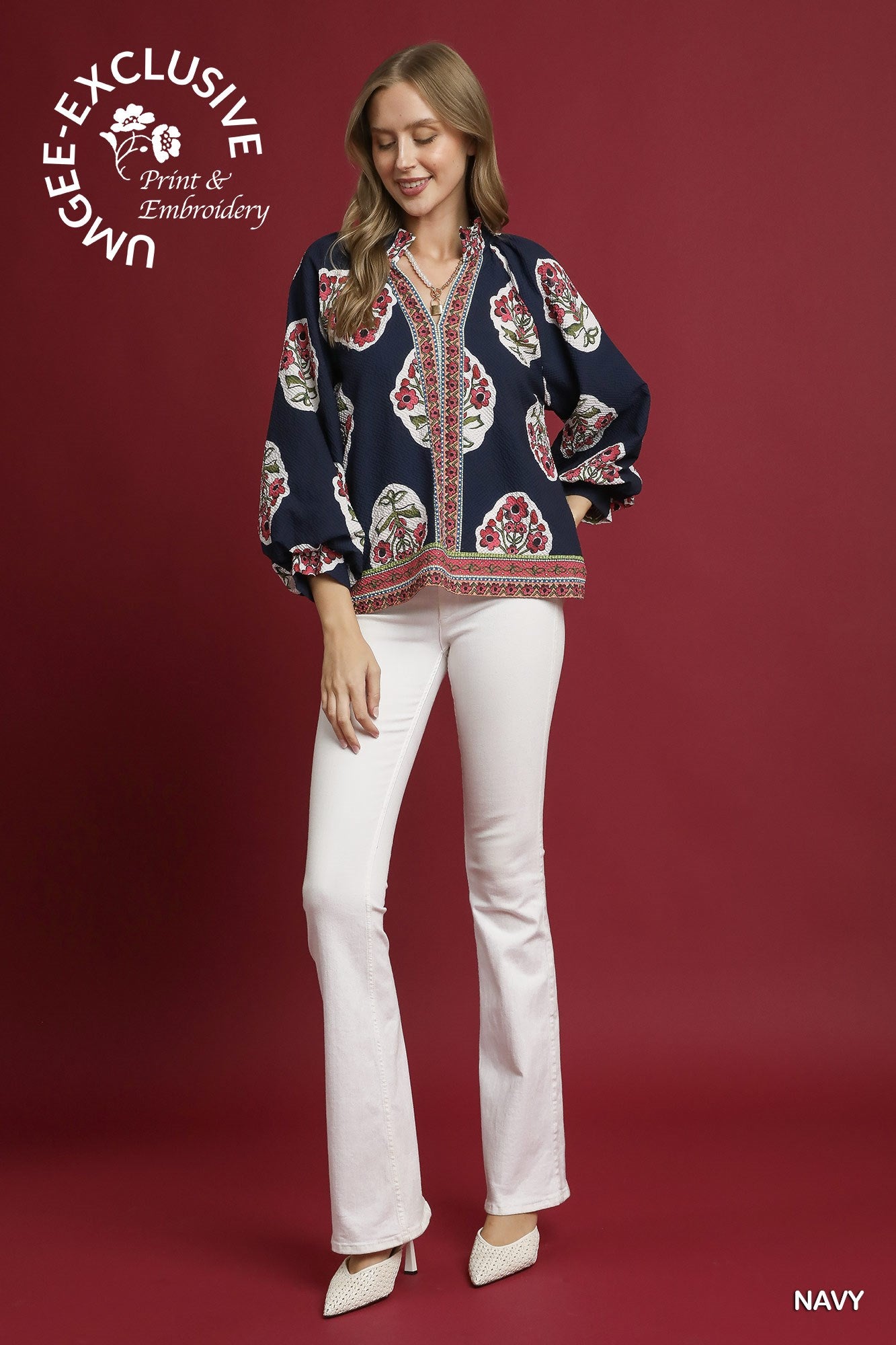 Navy Boho Floral Print Tunic Top
