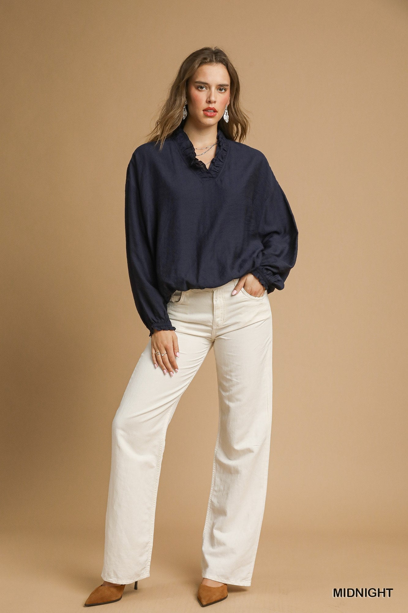 Ruffle Neck V-Cut Blouse - Midnight