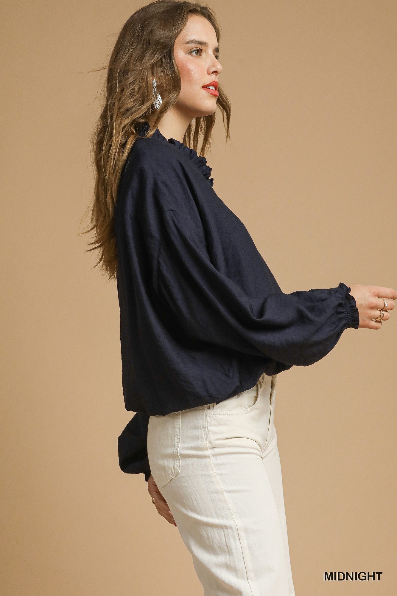 Ruffle Neck V-Cut Blouse - Midnight