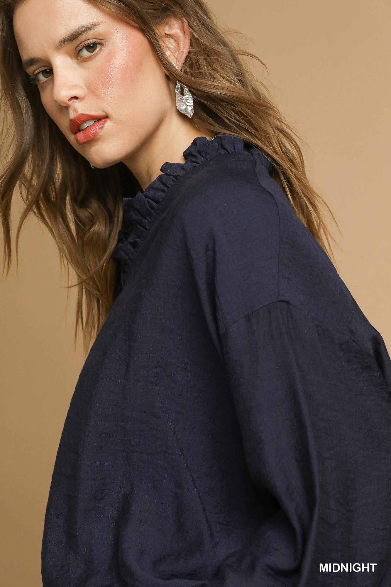 Ruffle Neck V-Cut Blouse - Midnight