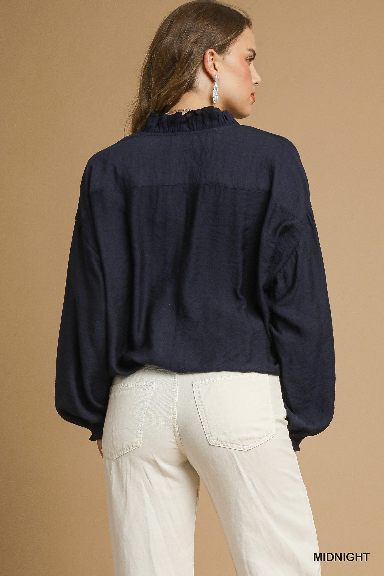 Ruffle Neck V-Cut Blouse - Midnight