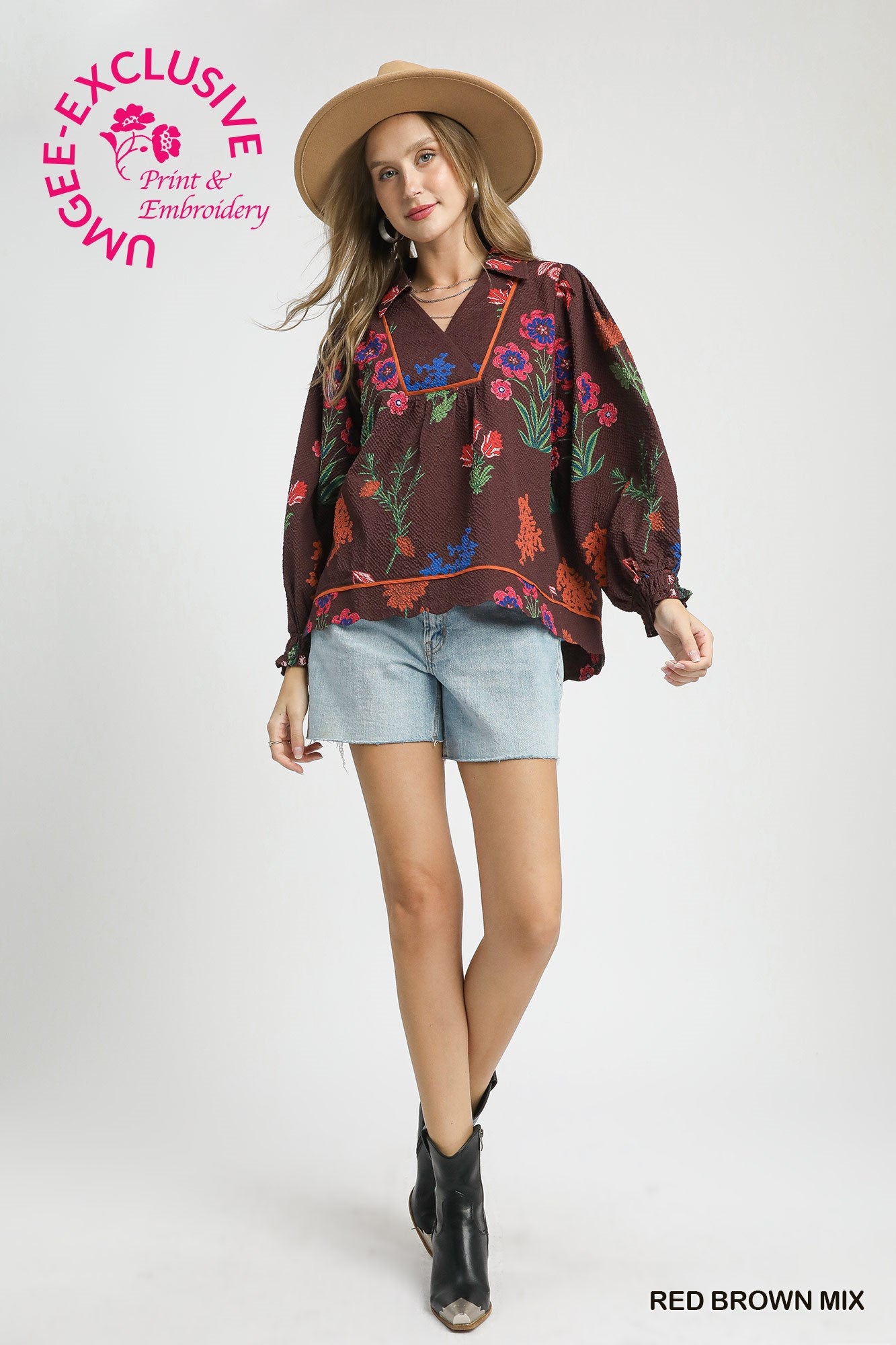 Floral Print Textured Fabric Collared Top - Red Brown