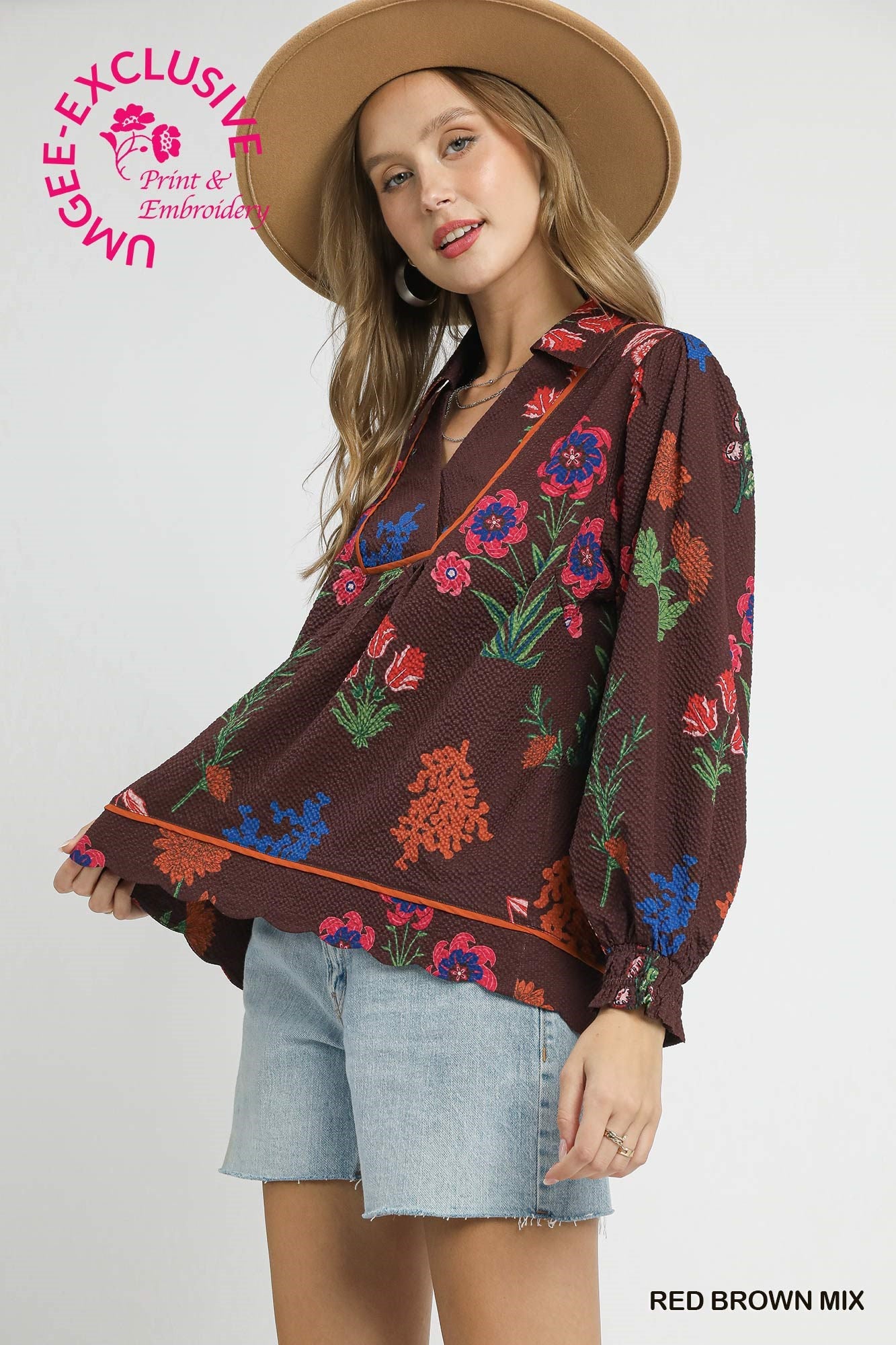 Floral Print Textured Fabric Collared Top - Red Brown