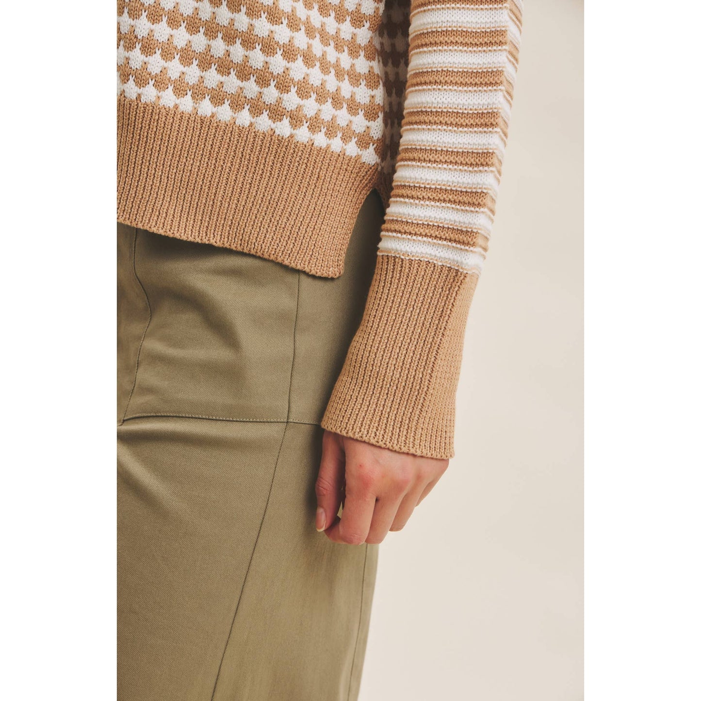 Relaxed Fit Textured Mix Stripe Sweater - Camel