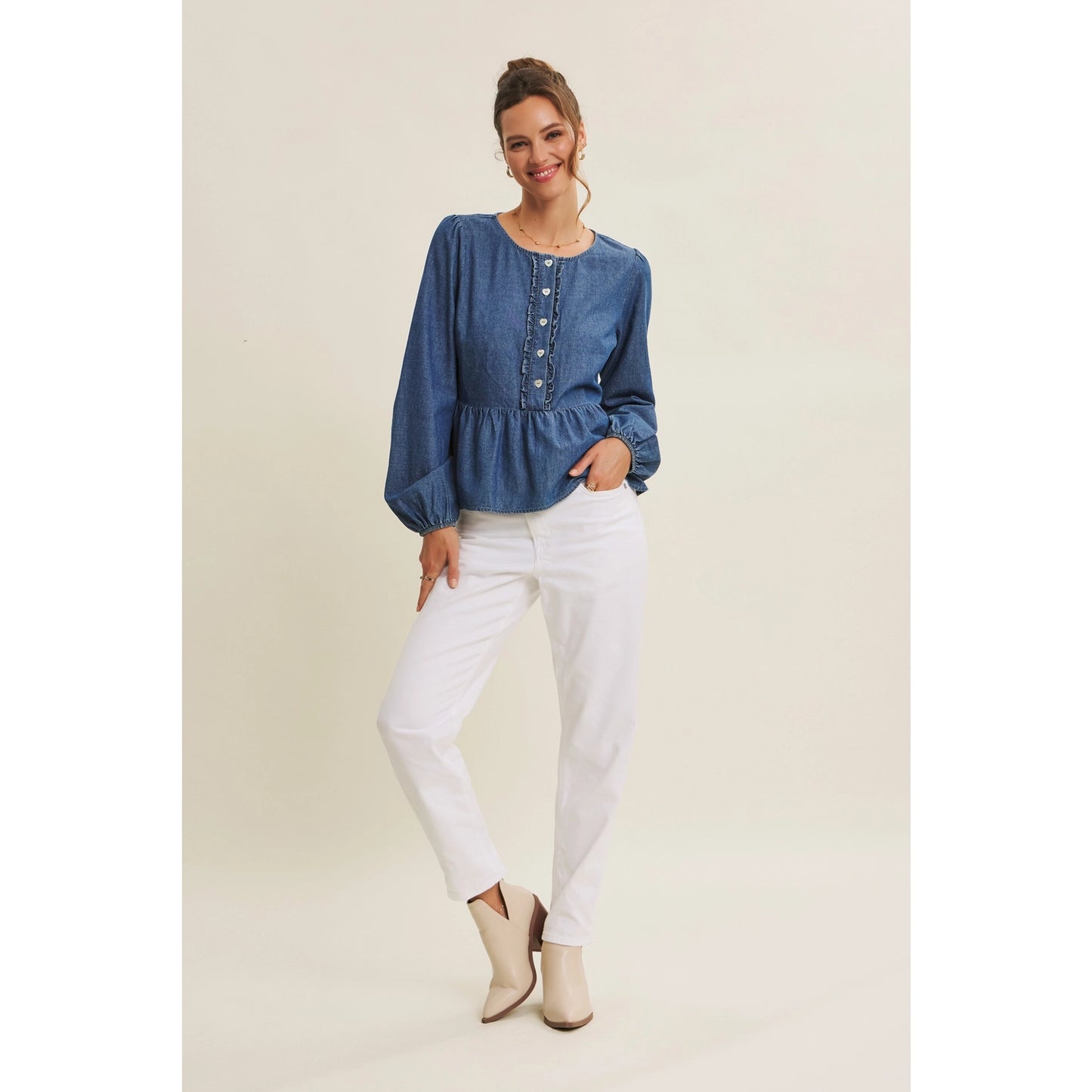 Romantic Twist Heart Buttons Denim Babydoll Top