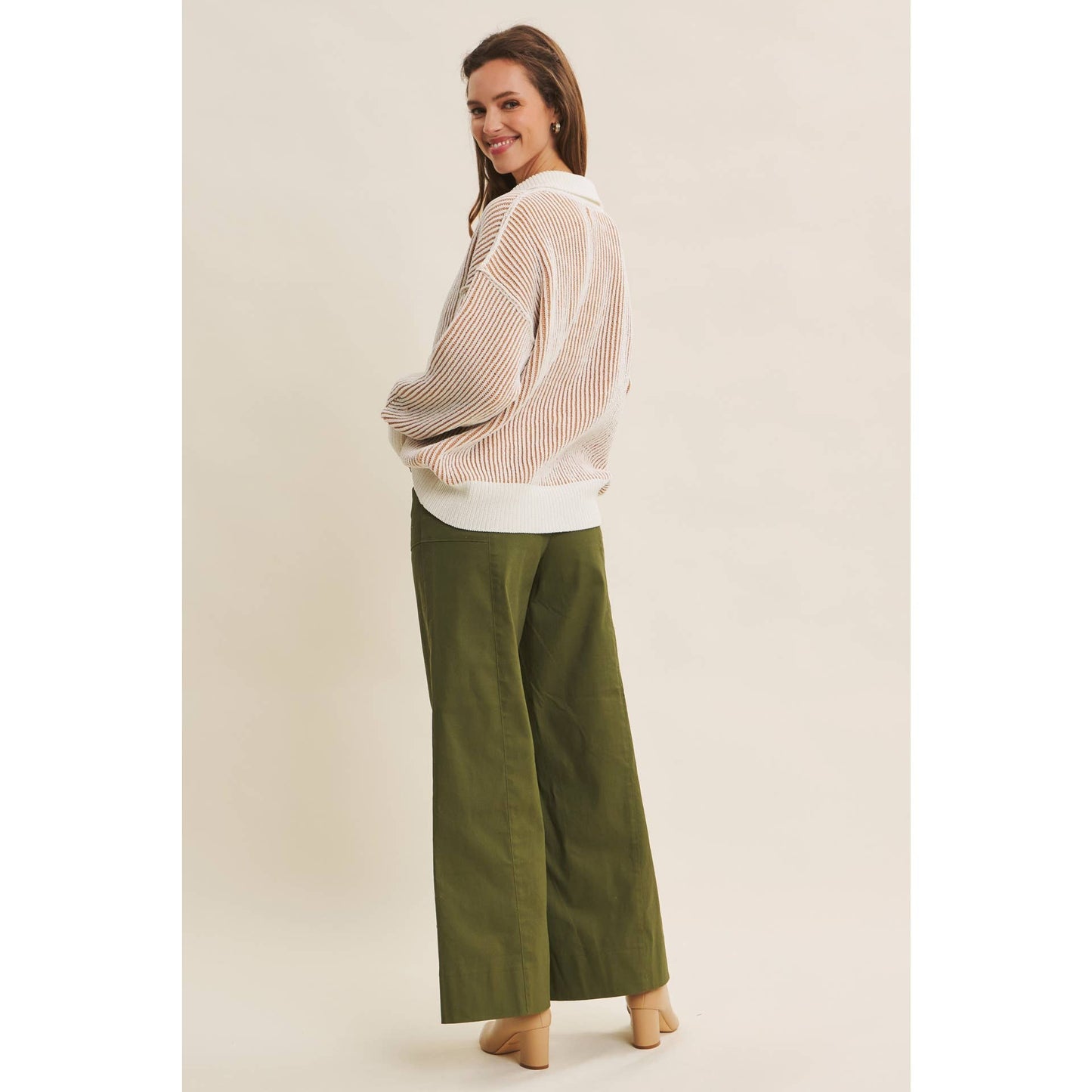 Two-Tone Textured Stripe Henley Sweater - Camel