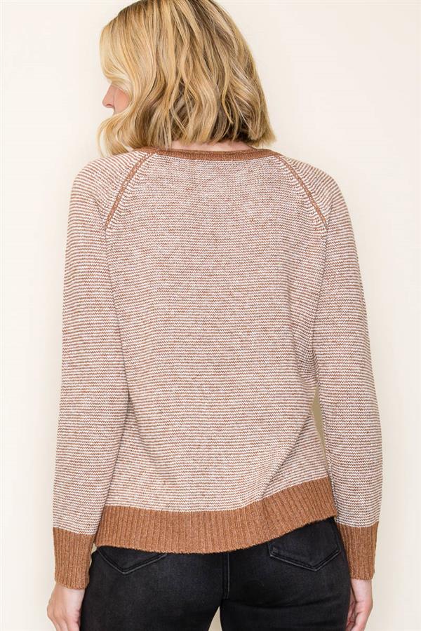 Color Trimmed Pinstriped Sweater - Camel