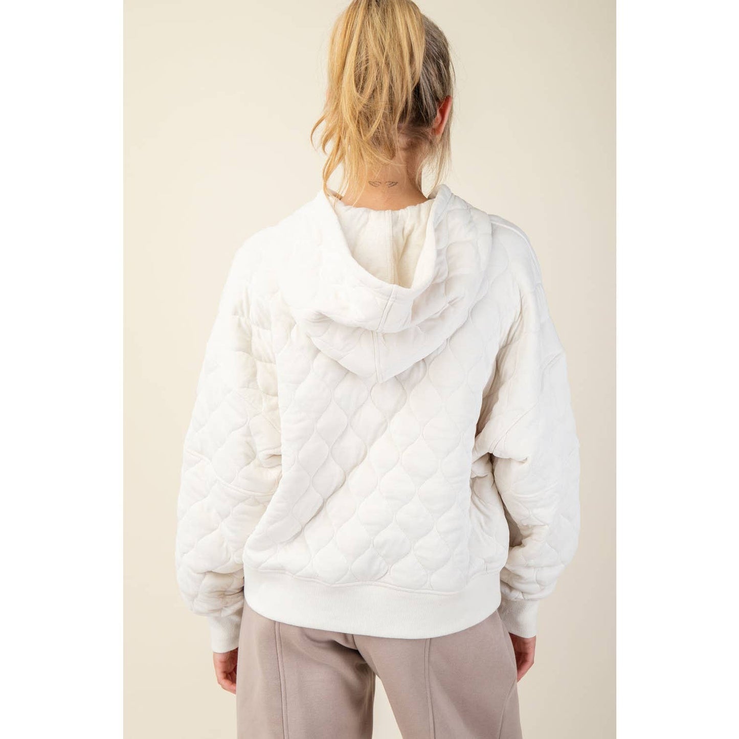 Quilted Quarter Zip Hoodie - Bone