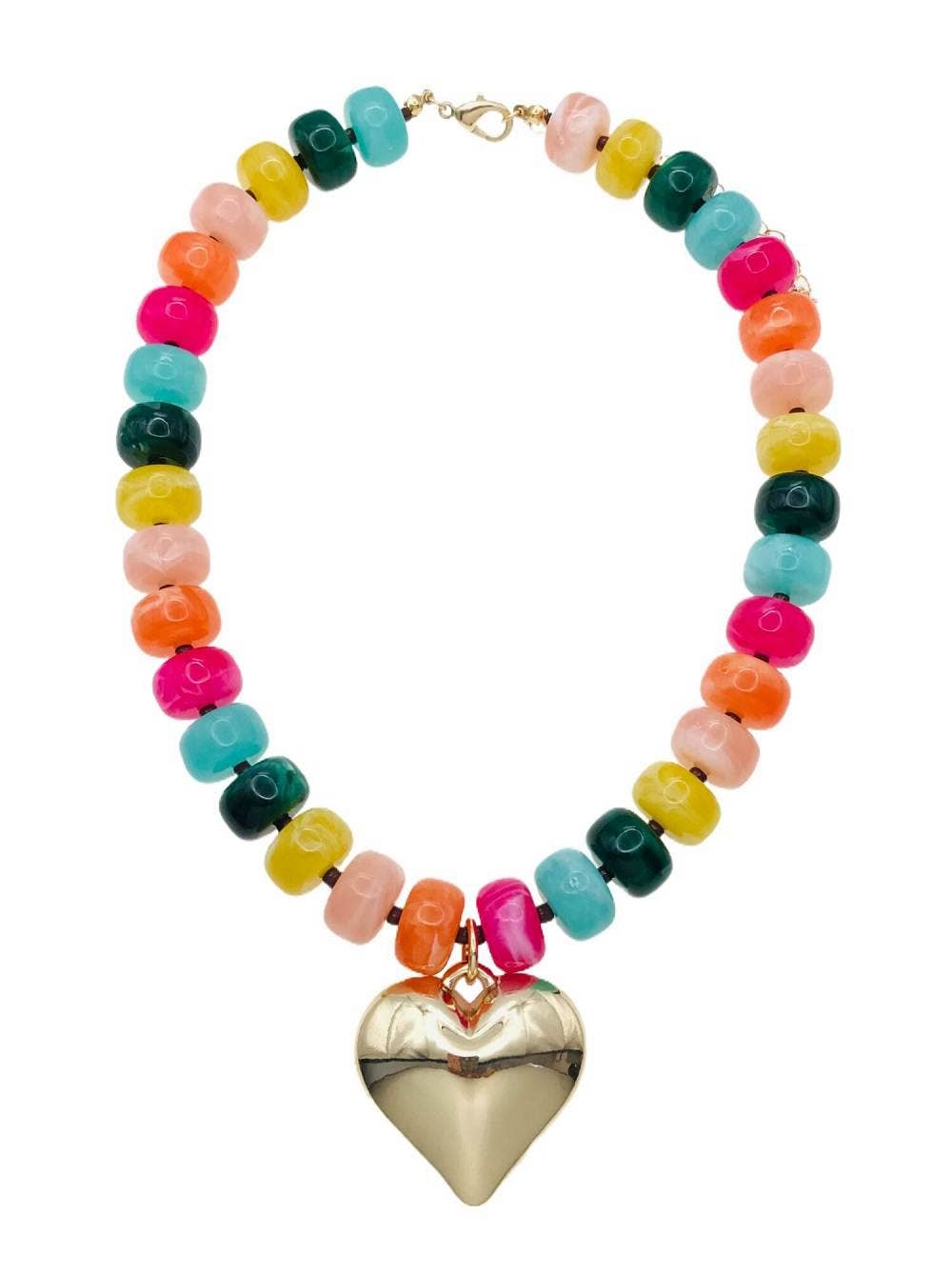 Multi Chunky Beaded with Gold Heart Charm 16"-18" Necklace