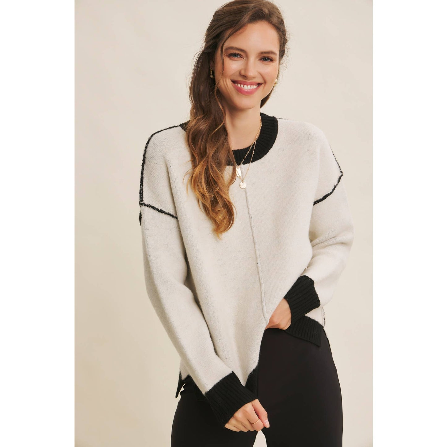 Soft Round Neck and Contrast Detail Sweater - Cream/Black